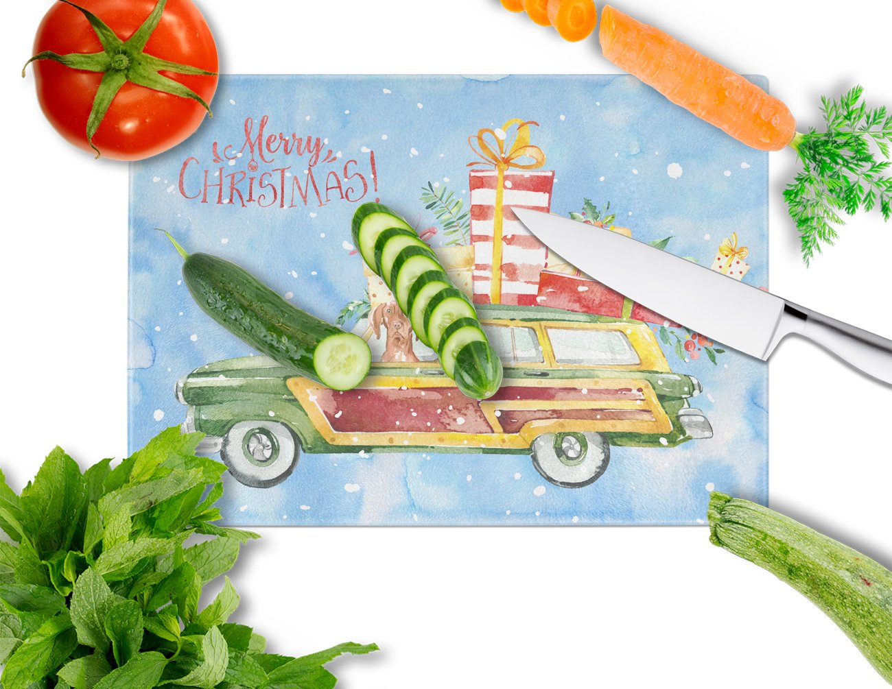 Merry Christmas Vizsla Cutting Board Tempered Glass Kitchen Cutting Surface, Heat Resistant Chopping, Non-Slip Feet, Food Prep & Serving
