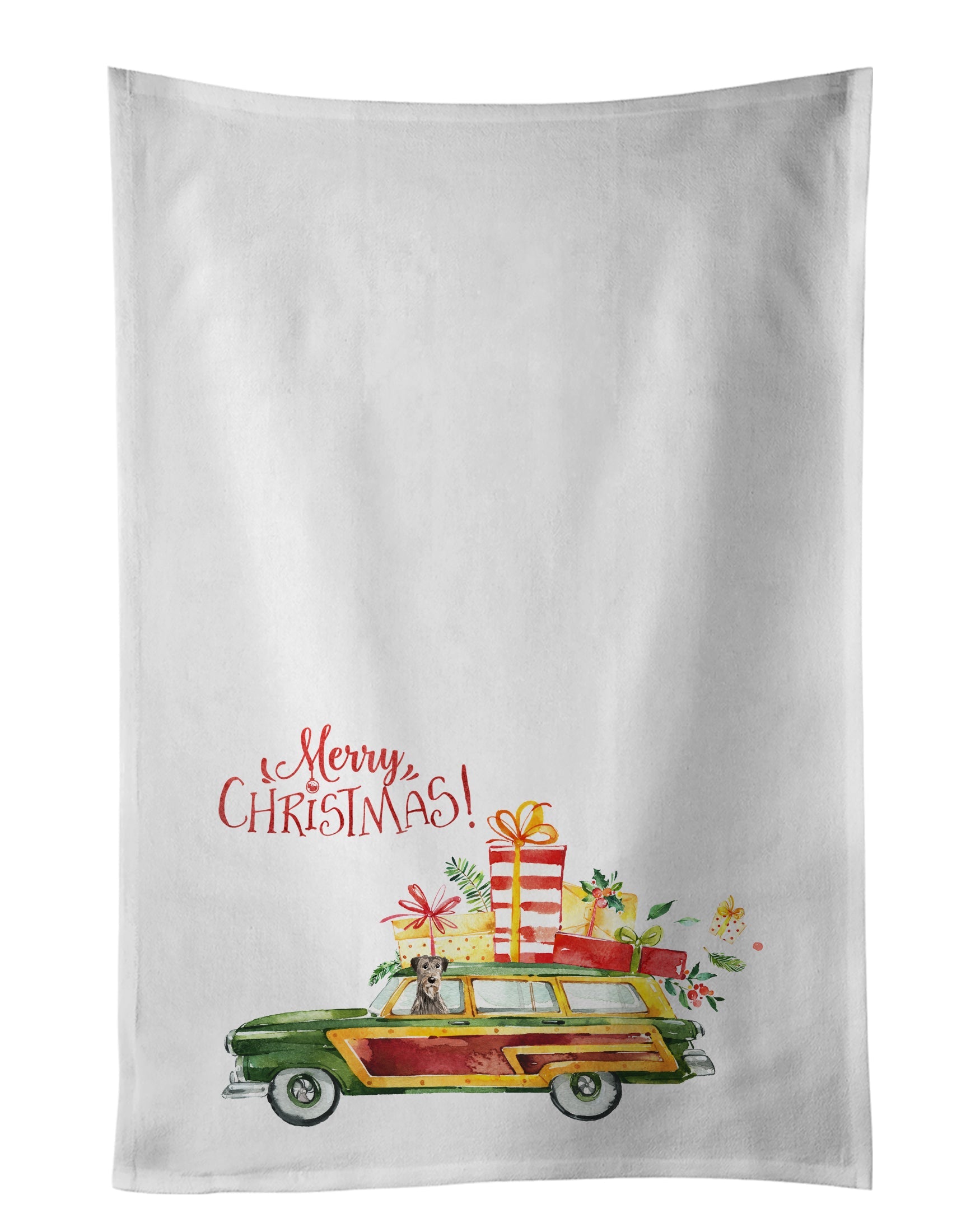 Merry Christmas Irish Wolfhound Kitchen Towel Set of 2 White Dish Towels Decorative Bathroom Hand towel for Hand, Face, Hair, Yoga, Tea, Dishcloth, 19 X 28", White