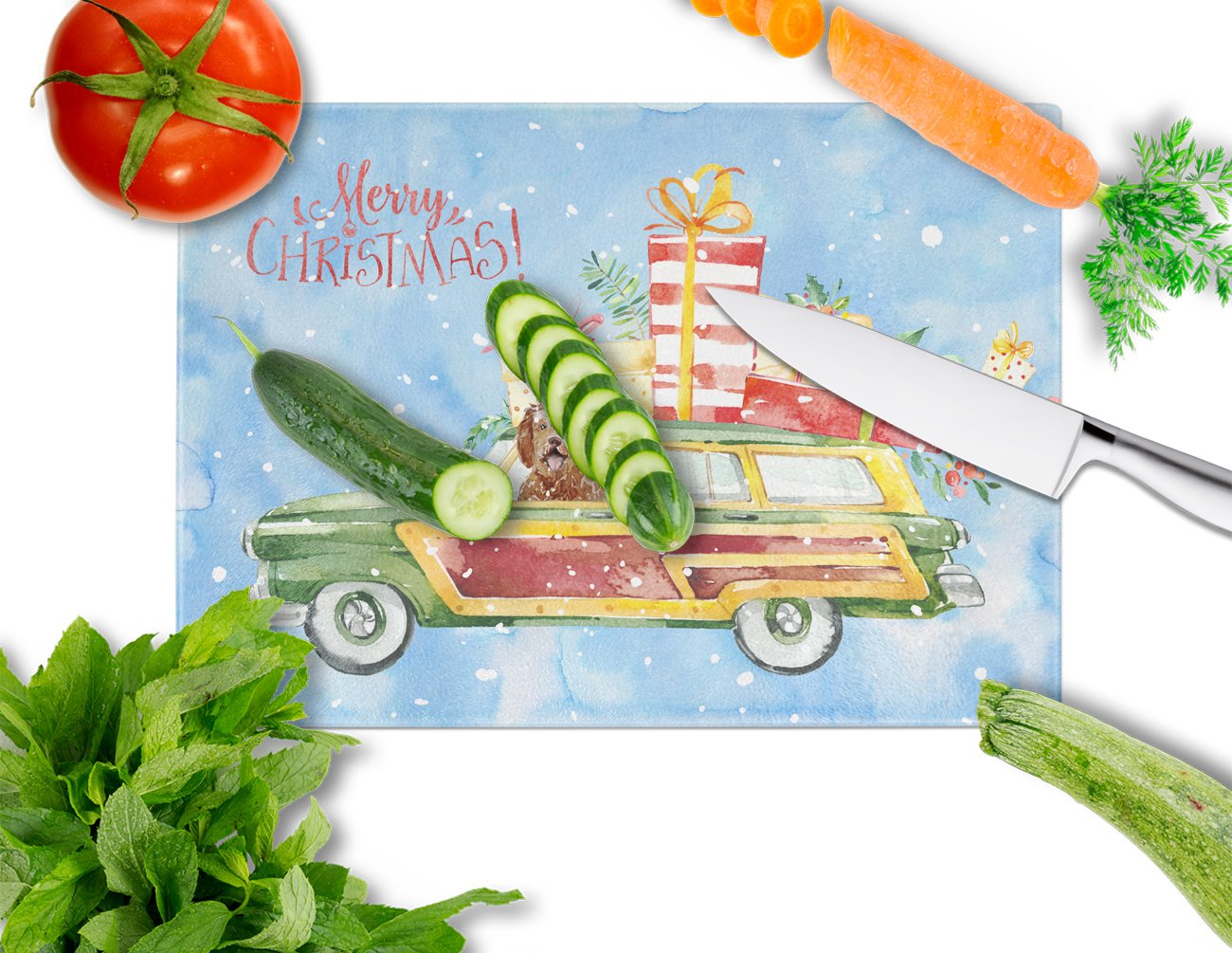 Merry Christmas Labradoodle Cutting Board Tempered Glass Kitchen Cutting Surface, Heat Resistant Chopping, Non-Slip Feet, Food Prep & Serving