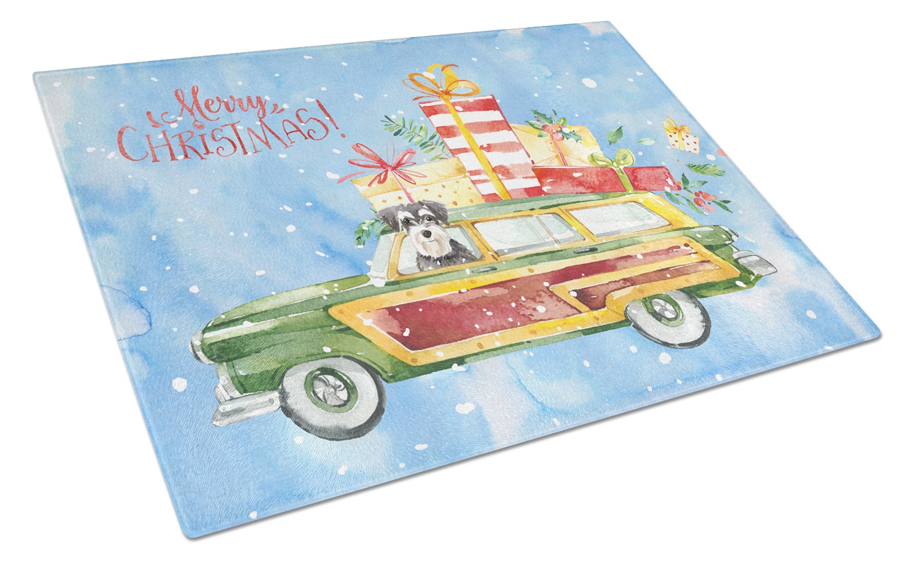 Merry Christmas Schnauzer Cutting Board Tempered Glass Kitchen Cutting Surface, Heat Resistant Chopping, Non-Slip Feet, Food Prep & Serving