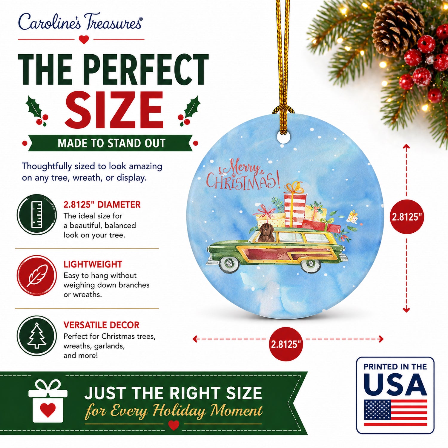 Merry Christmas Newfoundland Ceramic Ornament Christmas Tree Hanging Decorations for Home Christmas Holiday, Party, Gift, 3 in, Multicolor