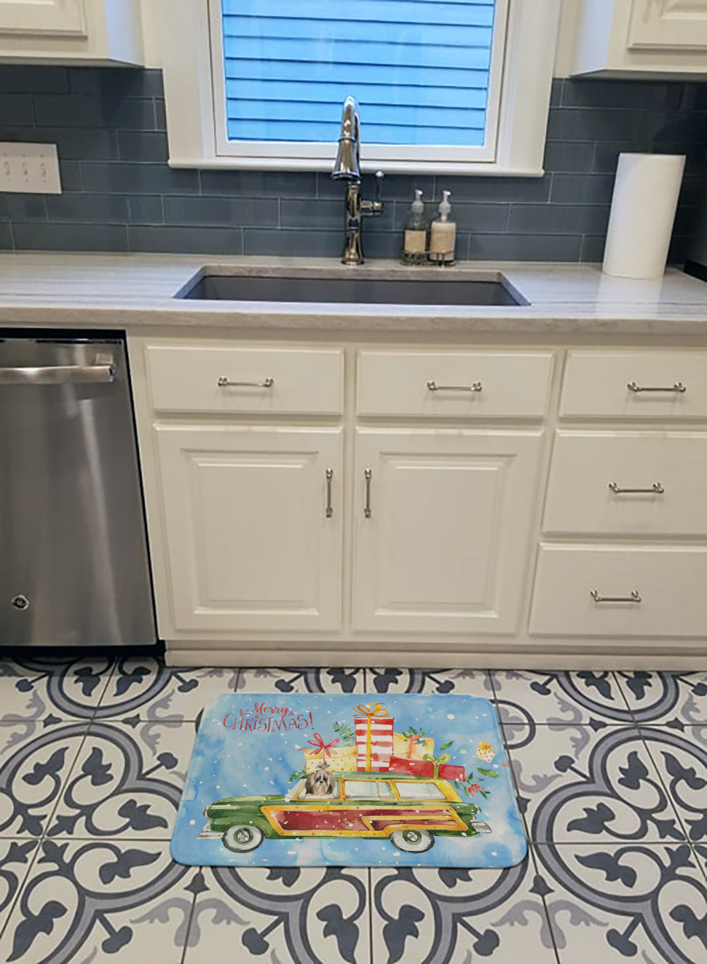 Merry Christmas Shih Tzu Memory Foam Kitchen Mat Machine Washable Anti-Fatigue Cushion Comfort Bath or Kitchen Rug