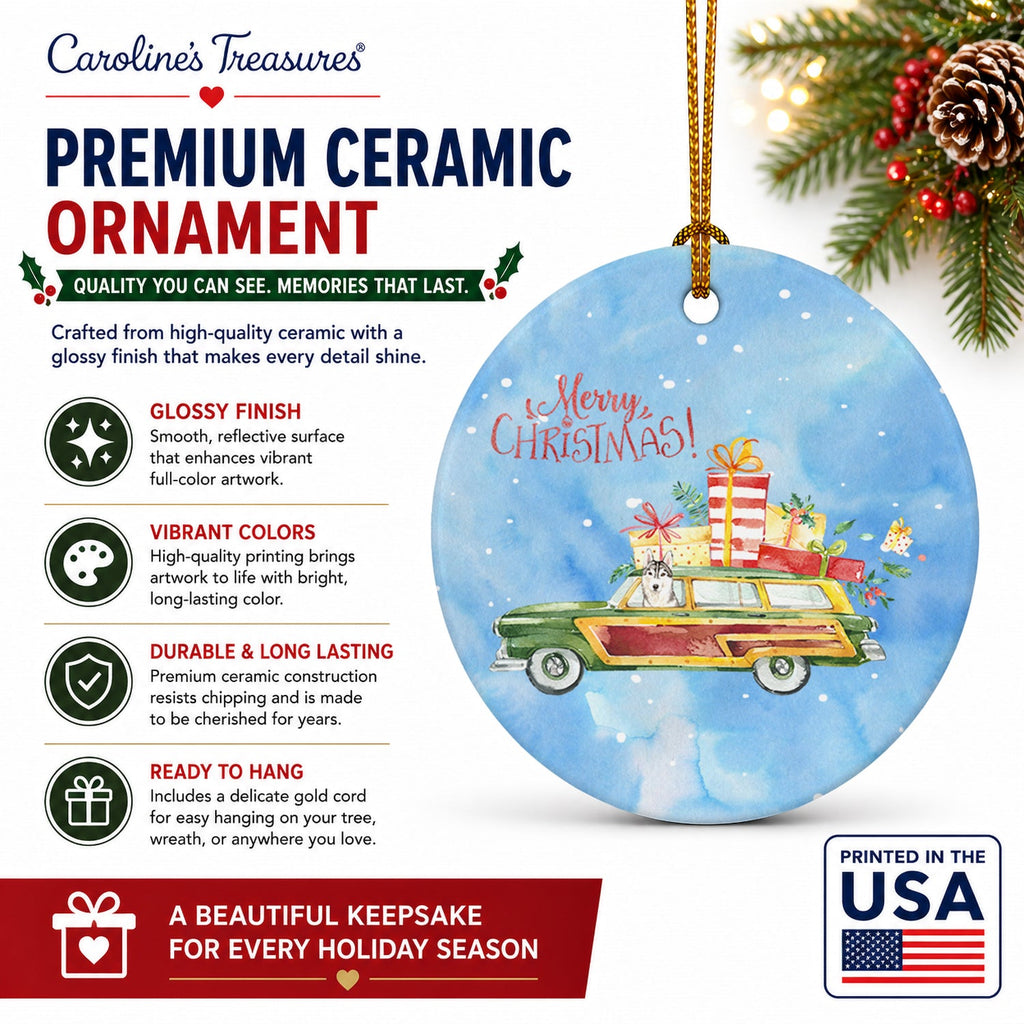 Merry Christmas Siberian Husky Ceramic Ornament Christmas Tree Hanging Decorations for Home Christmas Holiday, Party, Gift, 3 in, Multicolor