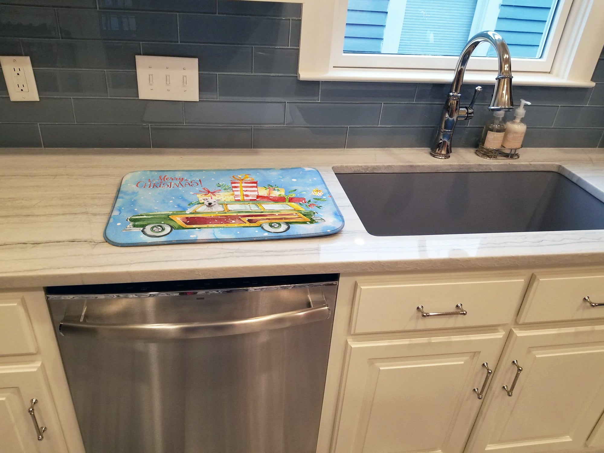 Merry Christmas White Staffordshire Bull Terrier Dish Drying Mat Absorbent Dish Drying Mat Pad for Kitchen Counter Dish Drainer Mat for Countertop, 14 x 21", Multicolor
