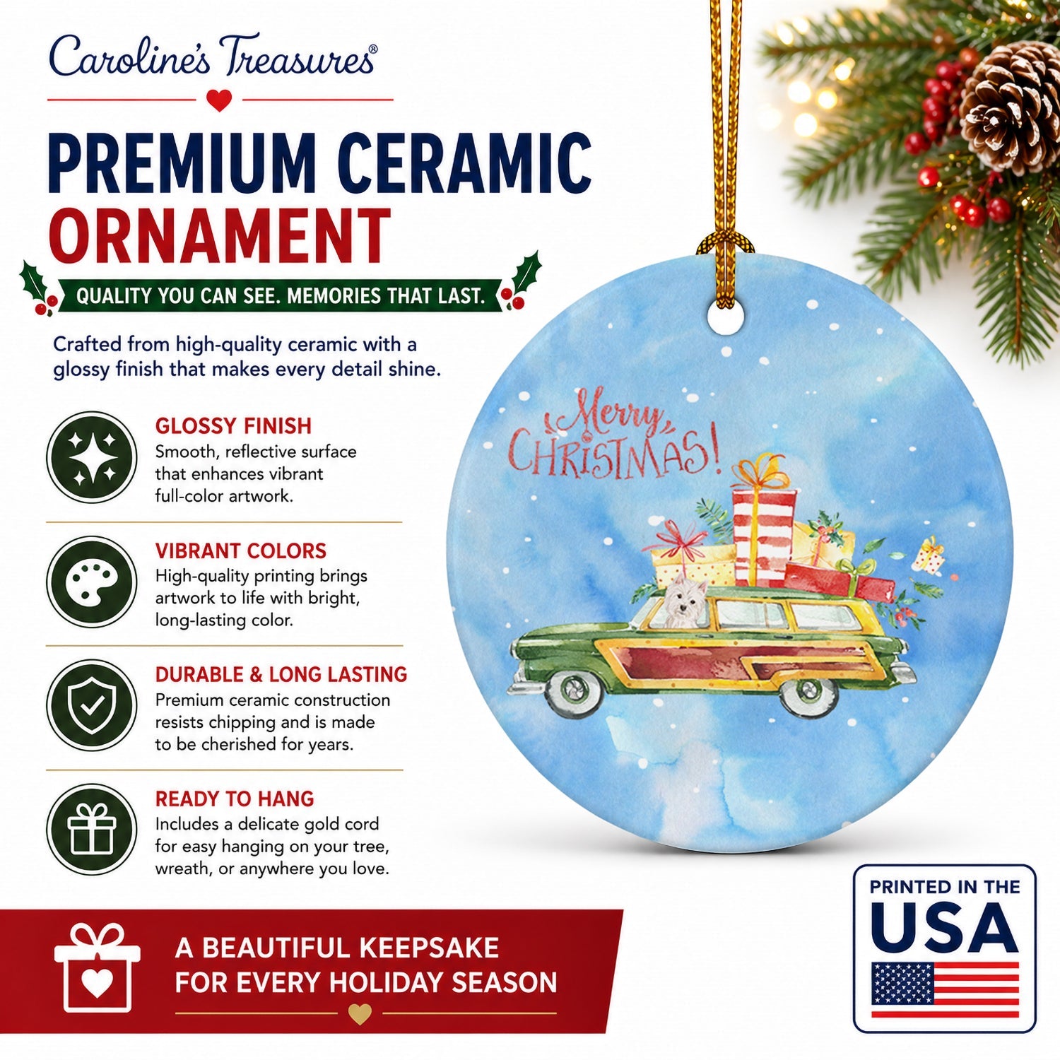 Merry Christmas Westie Ceramic Ornament Christmas Tree Hanging Decorations for Home Christmas Holiday, Party, Gift, 3 in, Multicolor