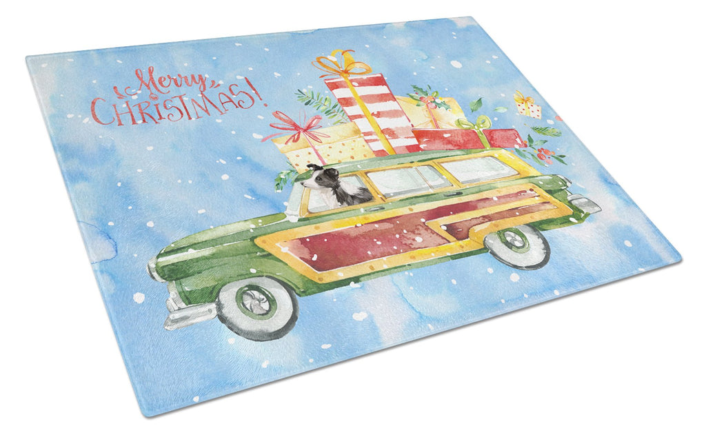 Merry Christmas Border Collie Cutting Board Tempered Glass Kitchen Cutting Surface, Heat Resistant Chopping, Non-Slip Feet, Food Prep & Serving