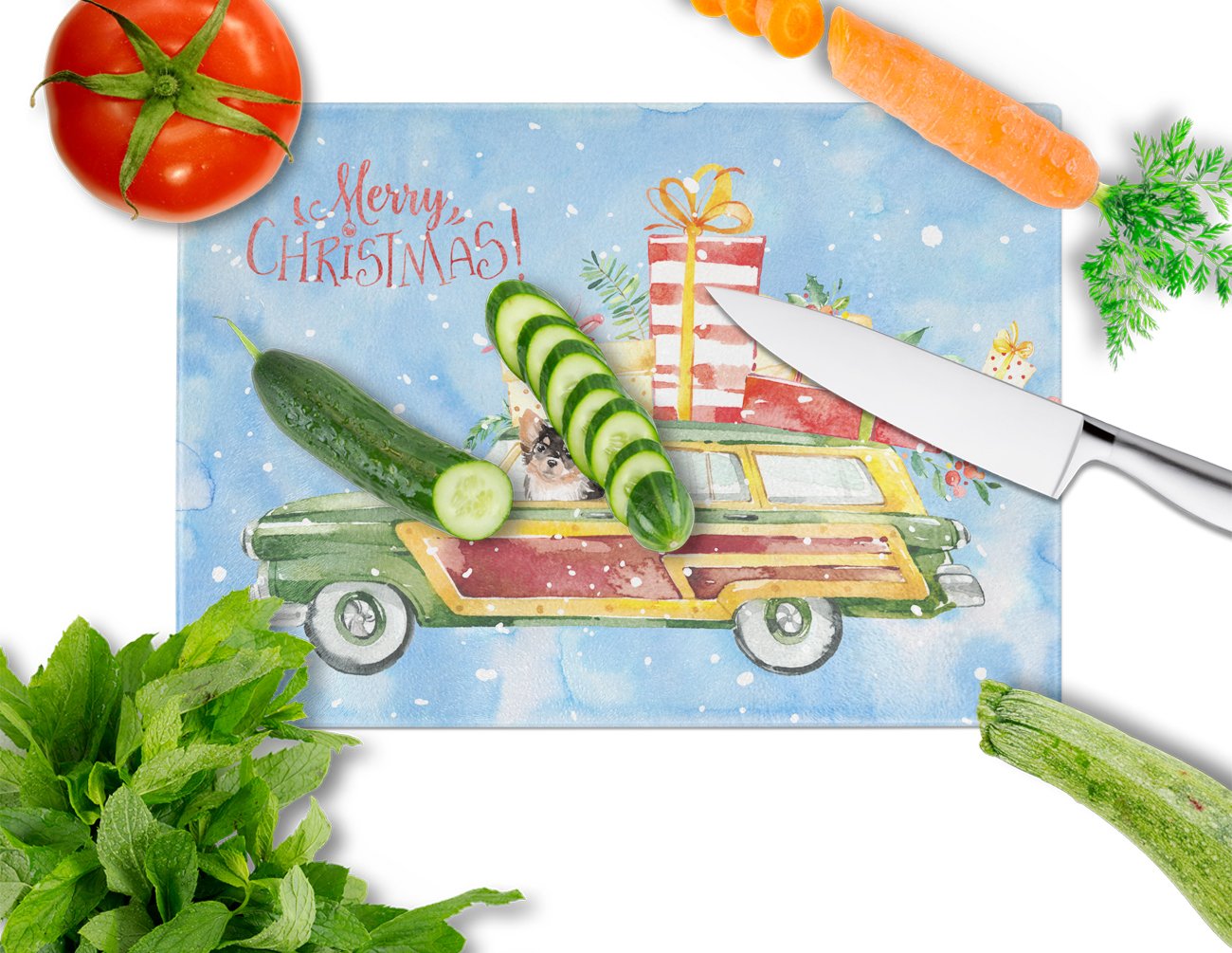 Merry Christmas Long Haired Chihuahua Cutting Board Tempered Glass Kitchen Cutting Surface, Heat Resistant Chopping, Non-Slip Feet, Food Prep & Serving