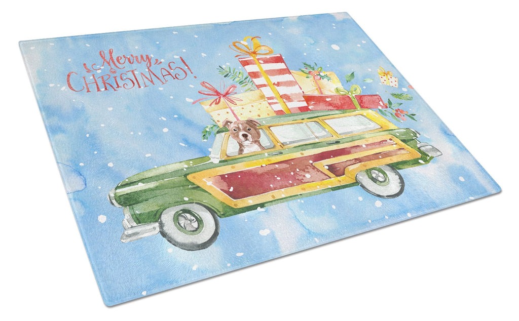 Merry Christmas Red Staffie Bull Terrier Cutting Board Tempered Glass Kitchen Cutting Surface, Heat Resistant Chopping, Non-Slip Feet, Food Prep & Serving