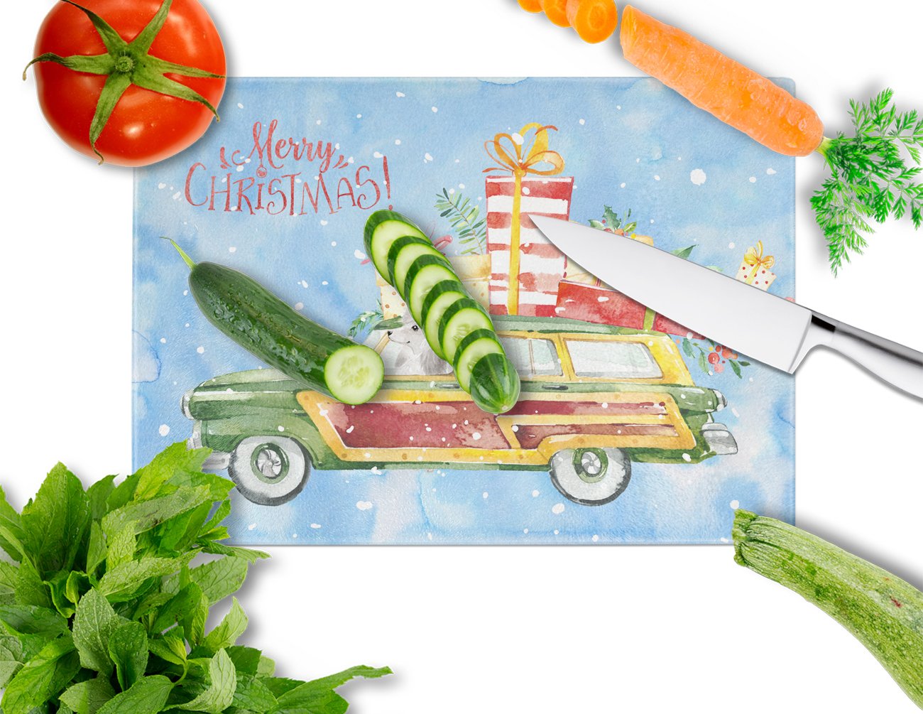Merry Christmas White Poodle Cutting Board Tempered Glass Kitchen Cutting Surface, Heat Resistant Chopping, Non-Slip Feet, Food Prep & Serving