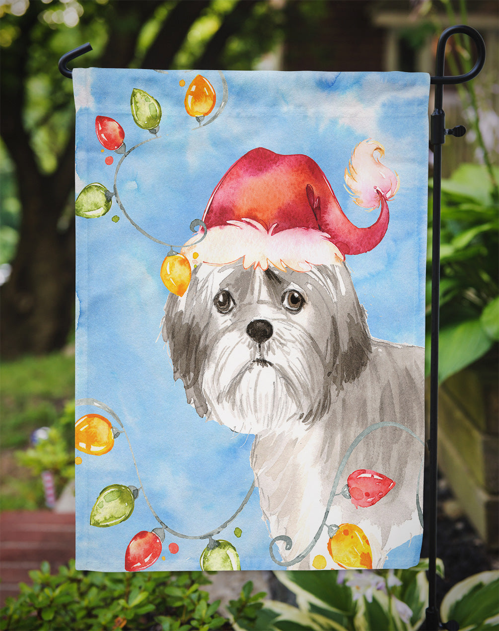 Christmas Lights Shih Tzu Puppy Cut Garden Flag Mailbox Decorative Yard Banner Outside Patio Artwork for Flower Beds, Garden Size, Multicolor