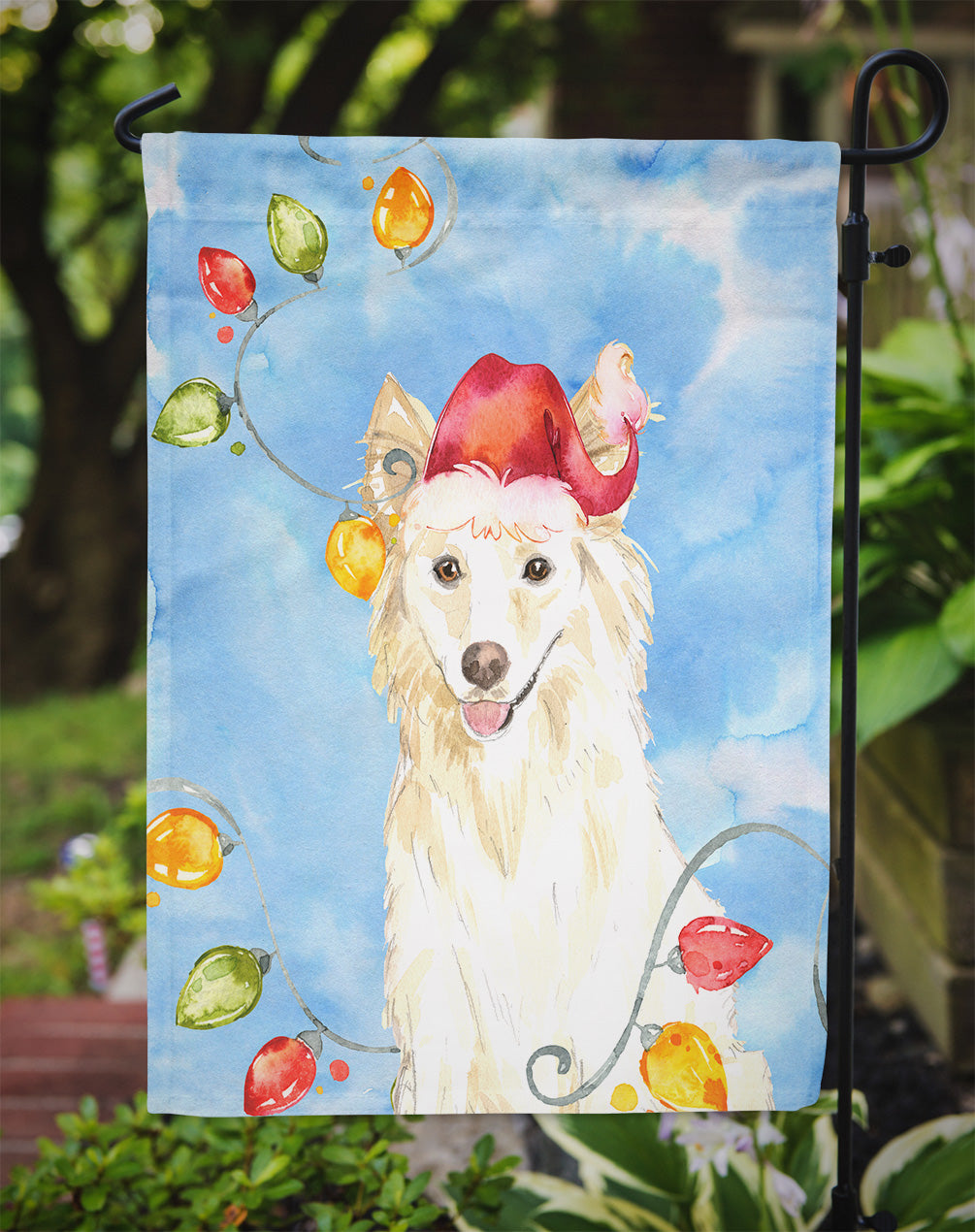Christmas Lights White Collie Garden Flag Mailbox Decorative Yard Banner Outside Patio Artwork for Flower Beds, Garden Size, Multicolor