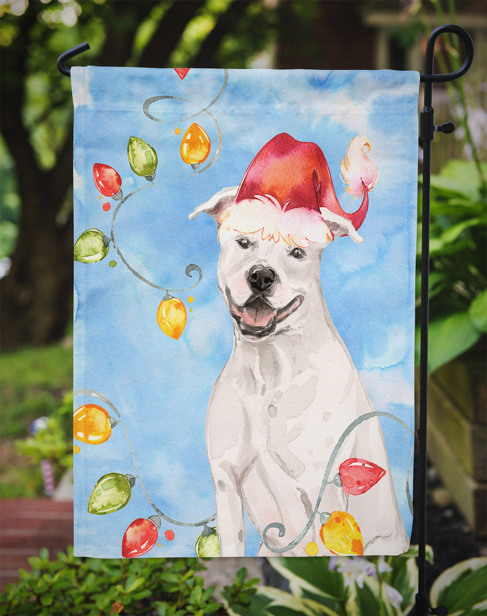 Christmas Lights White Staffie Bull Terrier Garden Flag Mailbox Decorative Yard Banner Outside Patio Artwork for Flower Beds, Garden Size, Multicolor