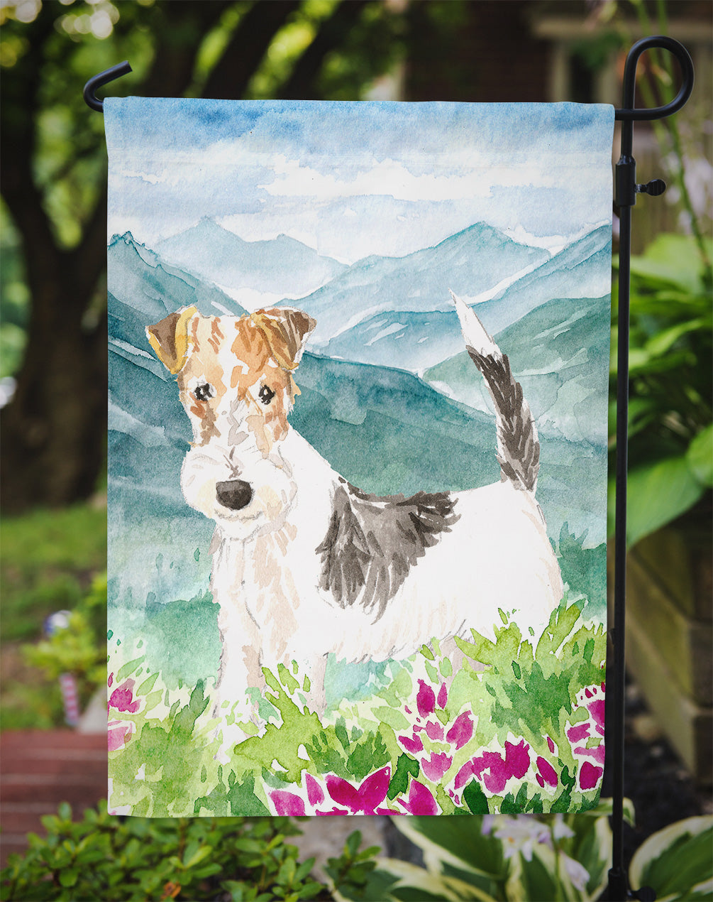Mountian Flowers Fox Terrier Garden Flag Mailbox Decorative Yard Banner Outside Patio Artwork for Flower Beds, Garden Size, Multicolor