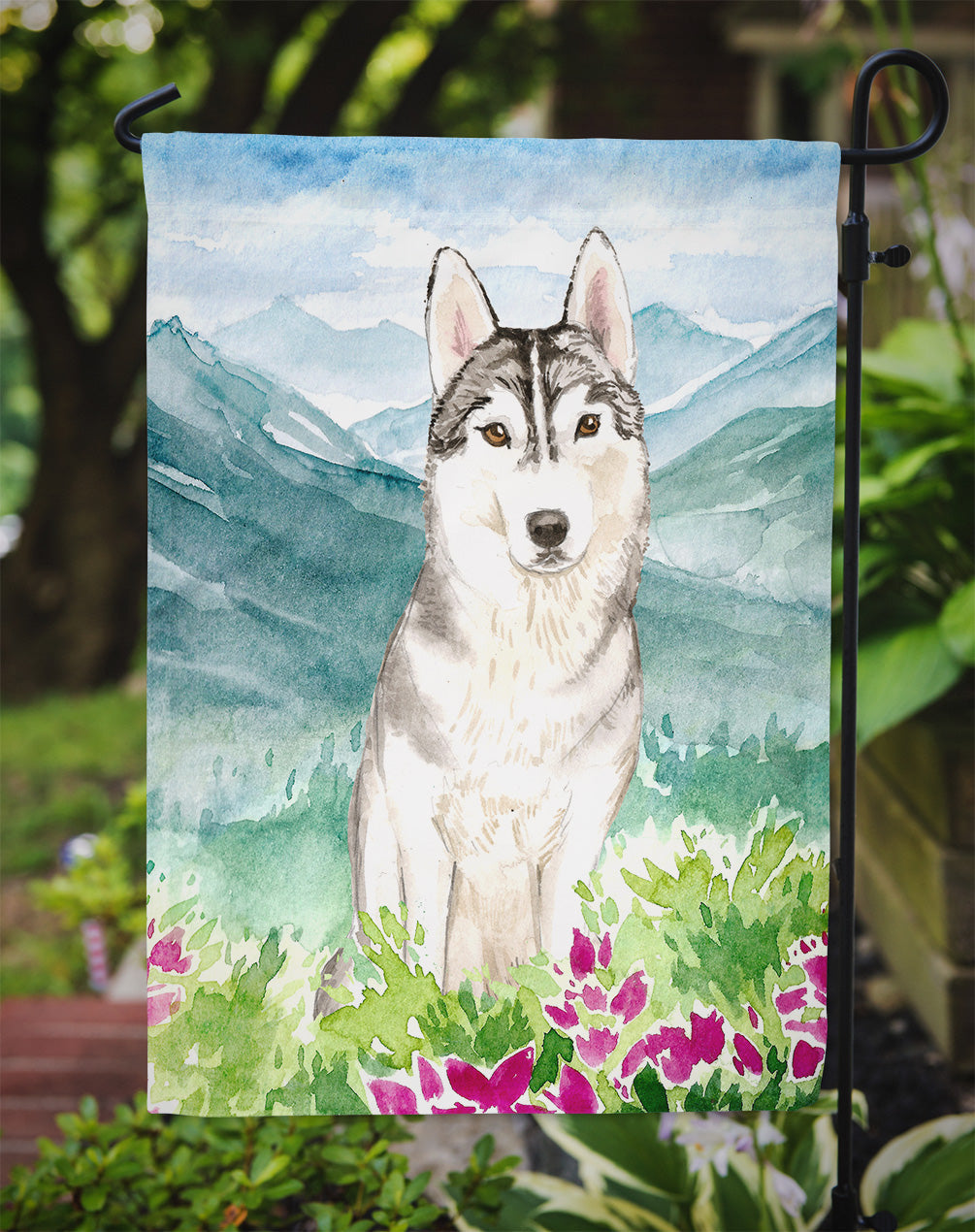 Mountian Flowers Siberian Husky Garden Flag Mailbox Decorative Yard Banner Outside Patio Artwork for Flower Beds, Garden Size, Multicolor