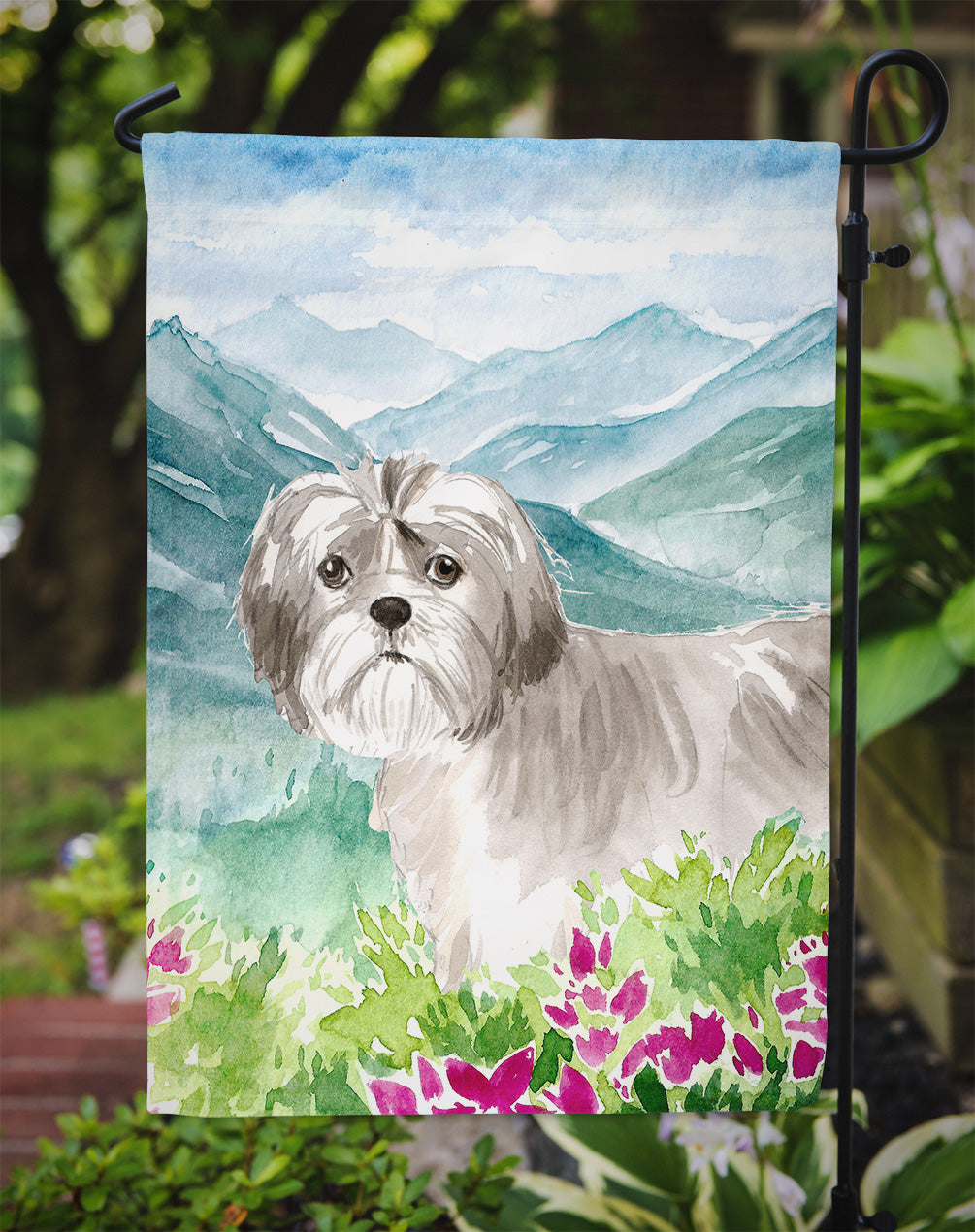 Mountain Flowers Shih Tzu Puppy Garden Flag Mailbox Decorative Yard Banner Outside Patio Artwork for Flower Beds, Garden Size, Multicolor