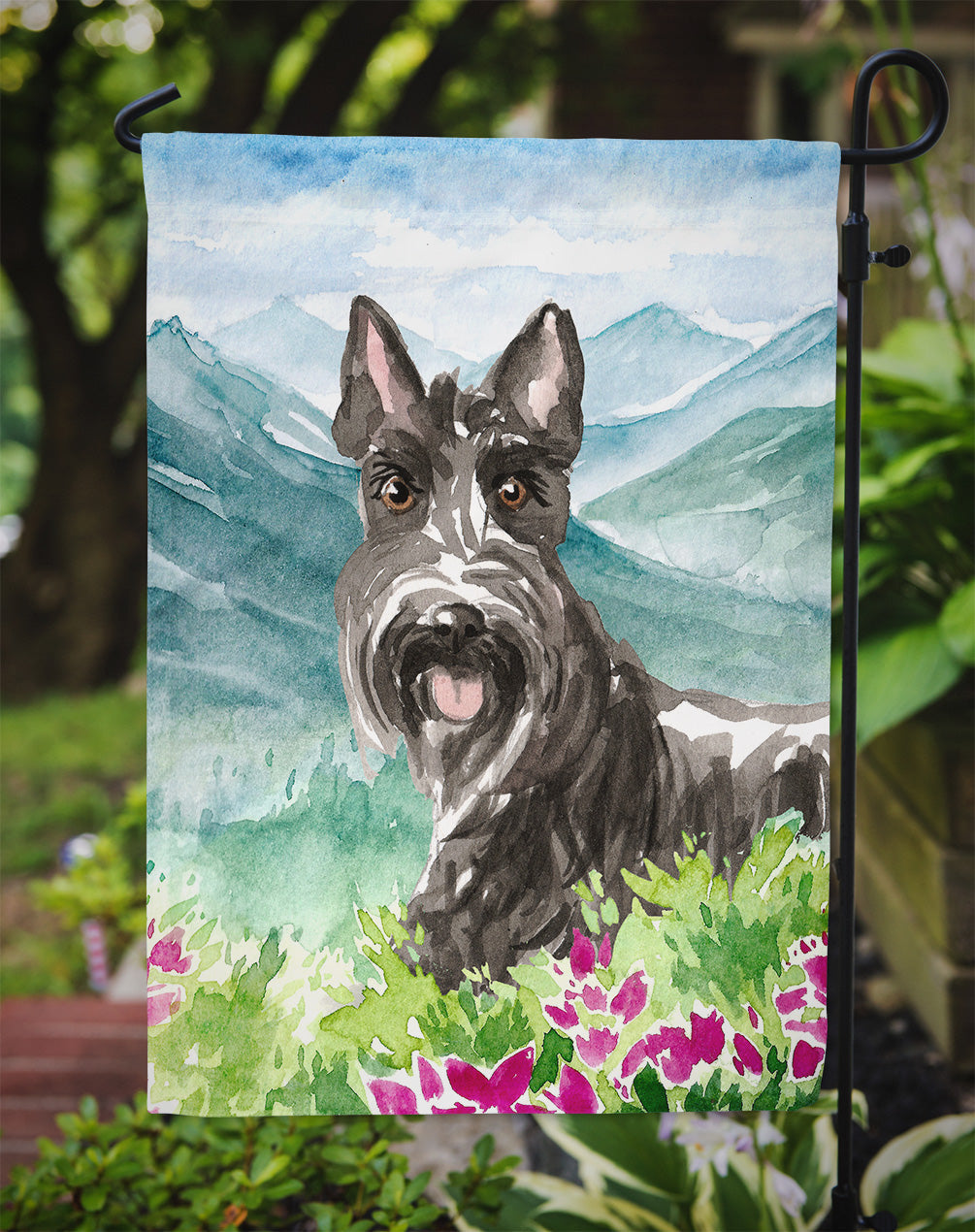 Mountain Flowers Scottish Terrier Garden Flag Mailbox Decorative Yard Banner Outside Patio Artwork for Flower Beds, Garden Size, Multicolor