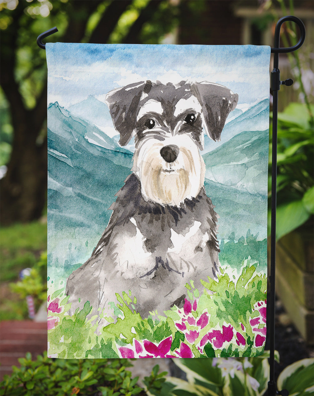 Mountain Flowers Schnauzer #2 Garden Flag Mailbox Decorative Yard Banner Outside Patio Artwork for Flower Beds, Garden Size, Multicolor