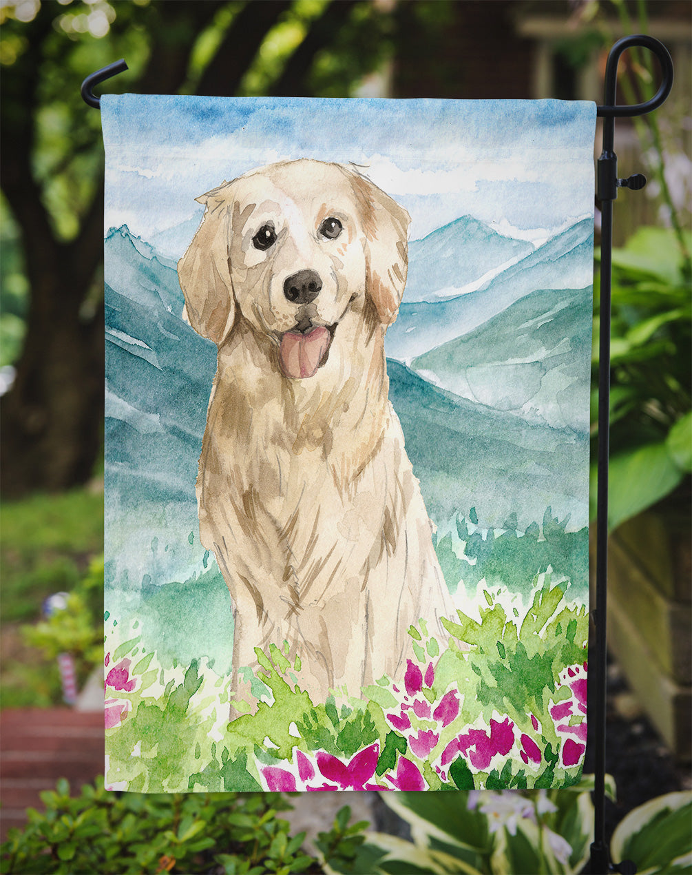 Mountain Flowers Golden Retriever Garden Flag Mailbox Decorative Yard Banner Outside Patio Artwork for Flower Beds, Garden Size, Multicolor