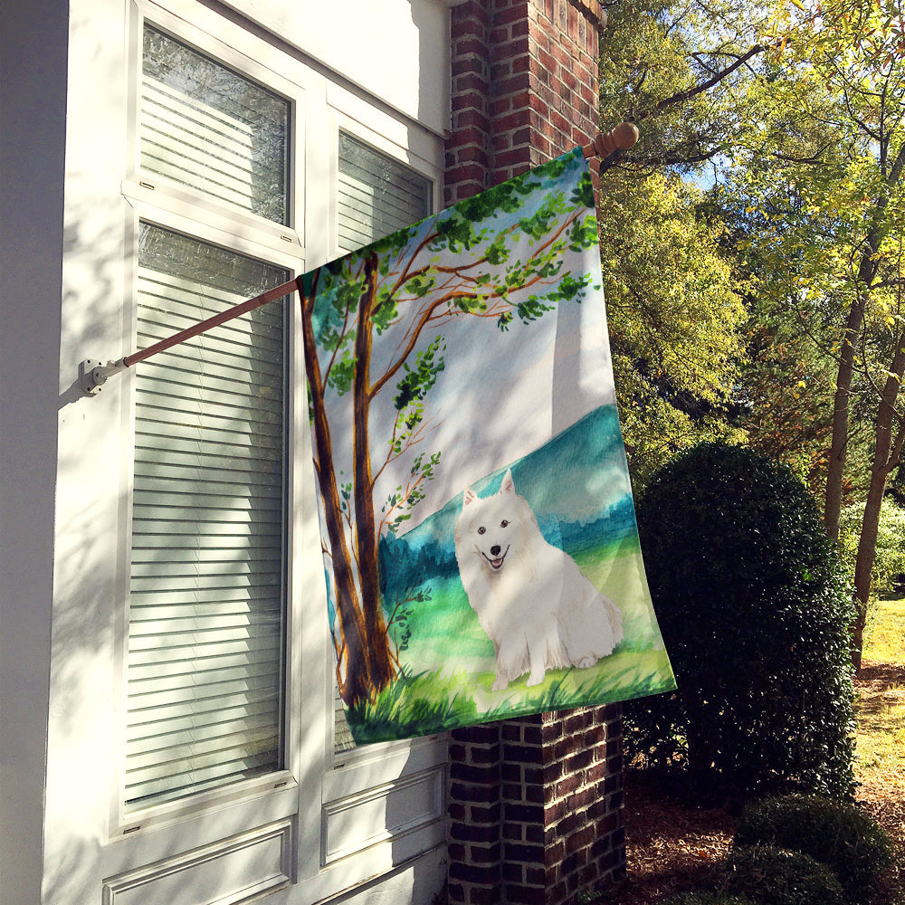 Under the Tree Japanese Spitz House Flag 28x40 Porch Sleeve Pole Decorative Outside Yard Banner Artwork Wall Hanging, Polyester