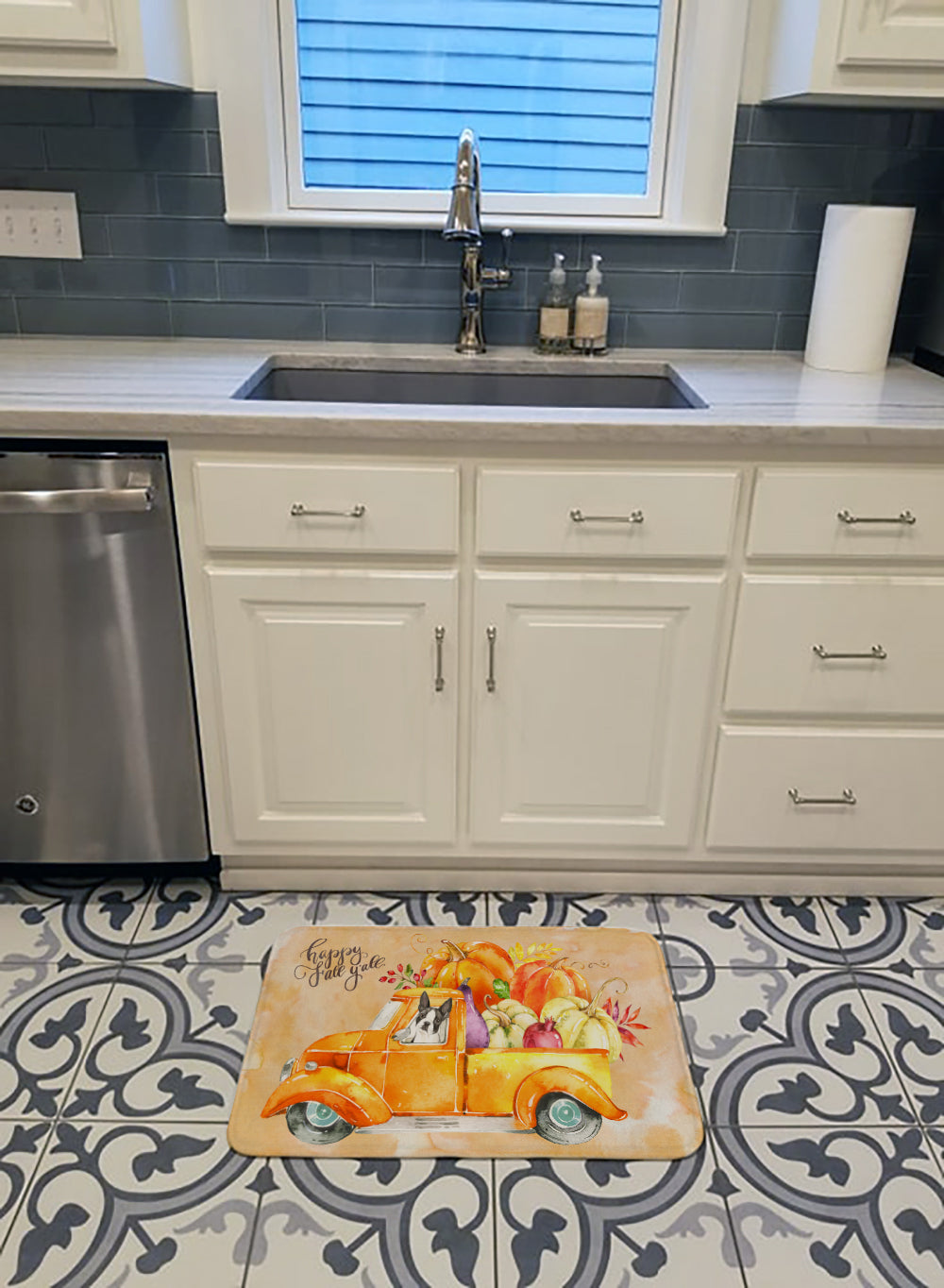 Fall Harvest Boston Terrier Memory Foam Kitchen Mat Machine Washable Anti-Fatigue Cushion Comfort Bath or Kitchen Rug