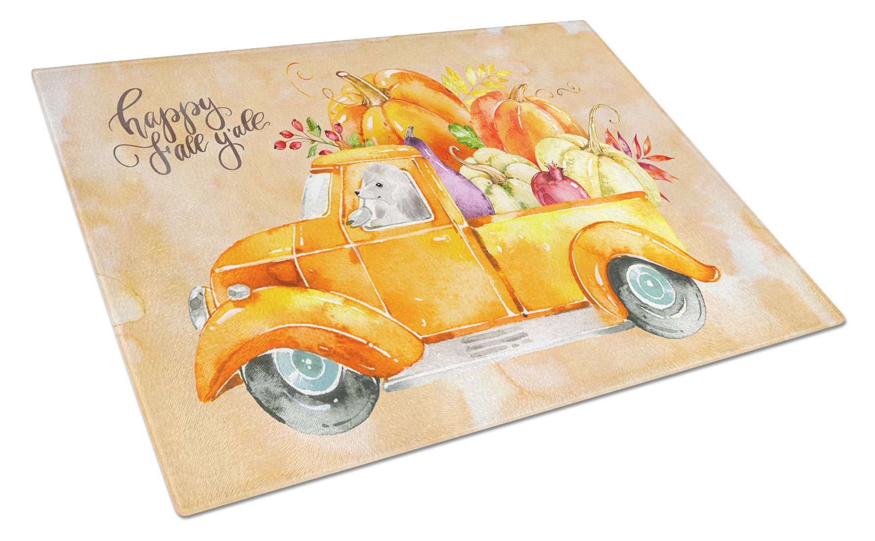 Fall Harvest White Poodle Cutting Board Tempered Glass Kitchen Cutting Surface, Heat Resistant Chopping, Non-Slip Feet, Food Prep & Serving