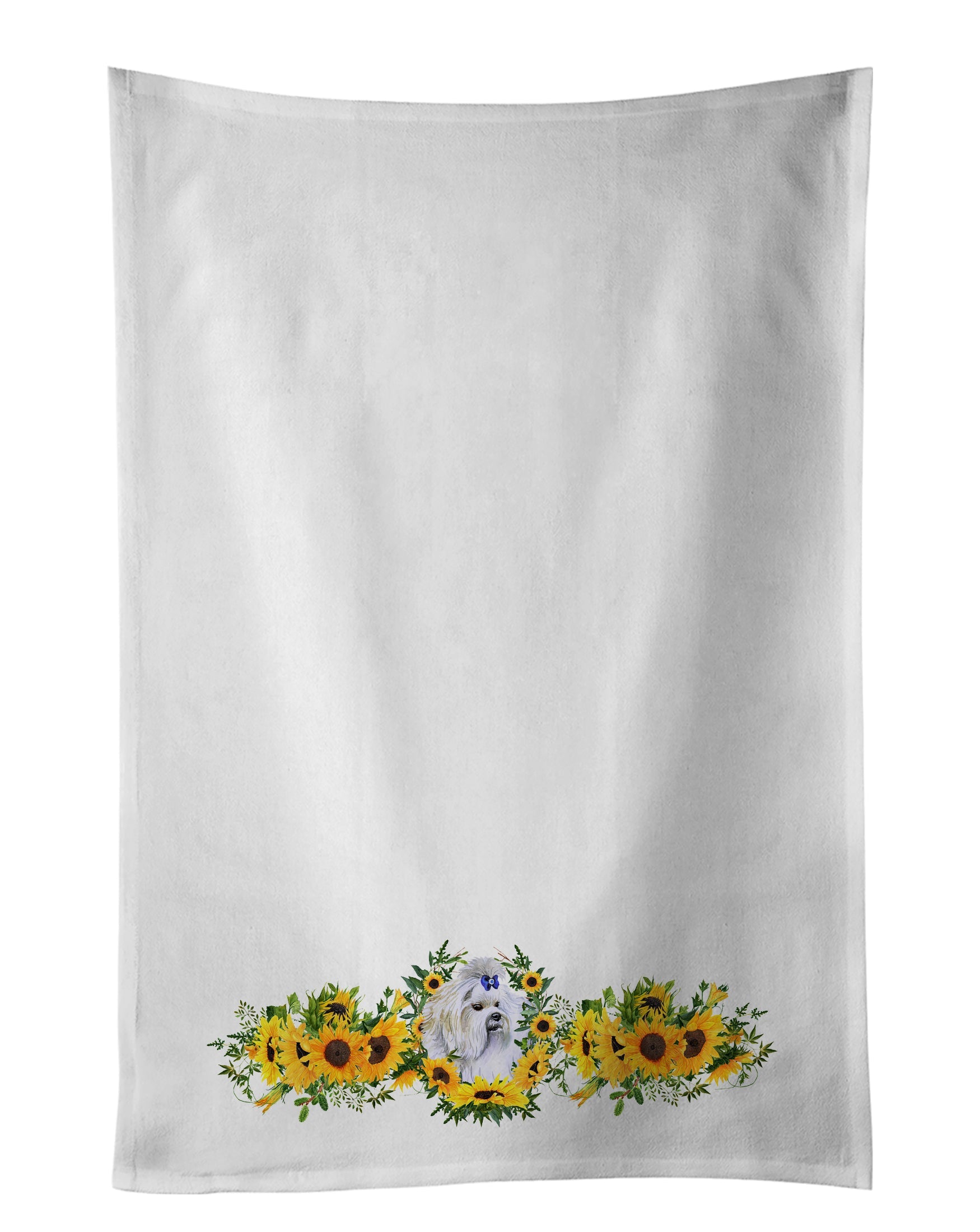 Maltese in Sunflowers Kitchen Towel Set of 2 White Dish Towels Decorative Bathroom Hand towel for Hand, Face, Hair, Yoga, Tea, Dishcloth, 19 X 28", White