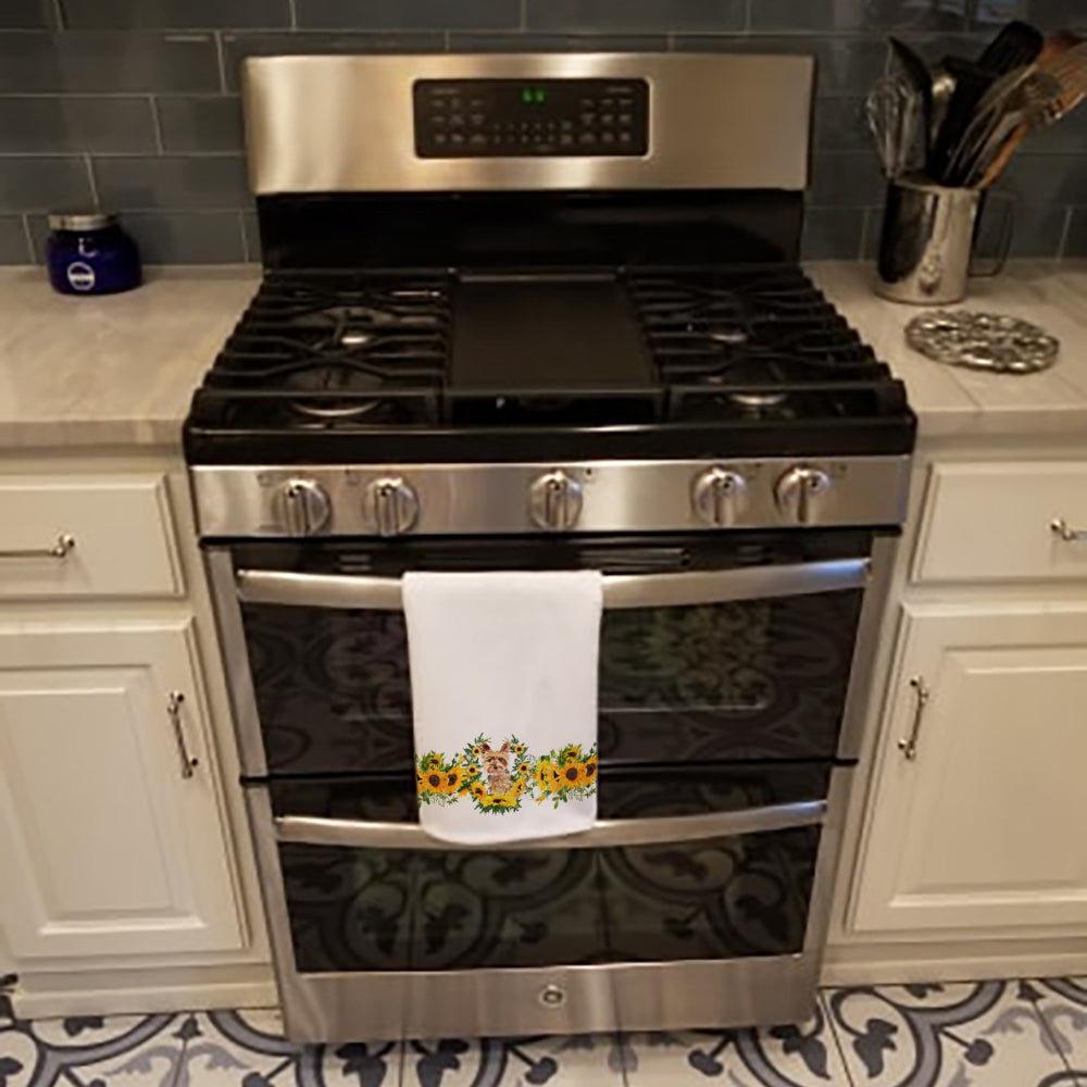 Yorkie in Sunflowers Kitchen Towel Set of 2 White Dish Towels Decorative Bathroom Hand towel for Hand, Face, Hair, Yoga, Tea, Dishcloth, 19 X 28", White