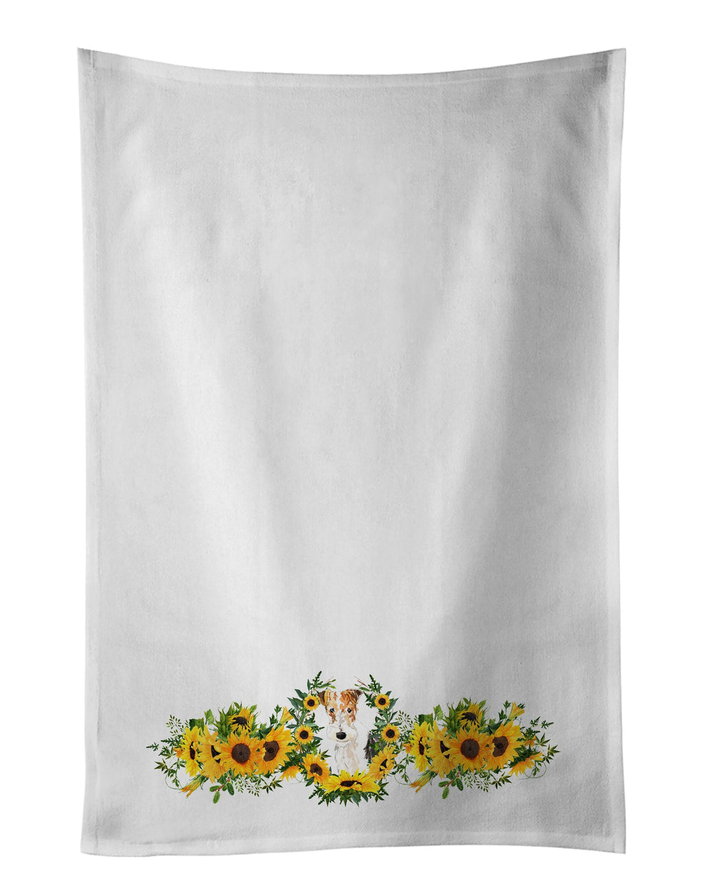 Fox Terrier in Sunflowers Kitchen Towel Set of 2 White Dish Towels Decorative Bathroom Hand towel for Hand, Face, Hair, Yoga, Tea, Dishcloth, 19 X 28", White
