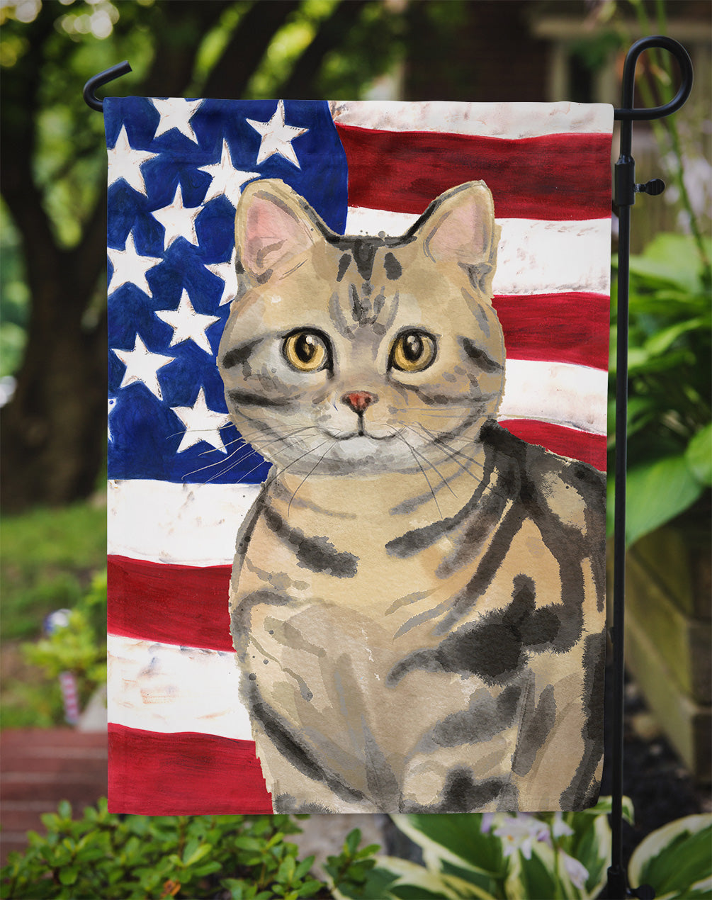 American Shorthair Brown Tabby American Flag Garden Flag Mailbox Decorative Yard Banner Outside Patio Artwork for Flower Beds, Garden Size, Multicolor