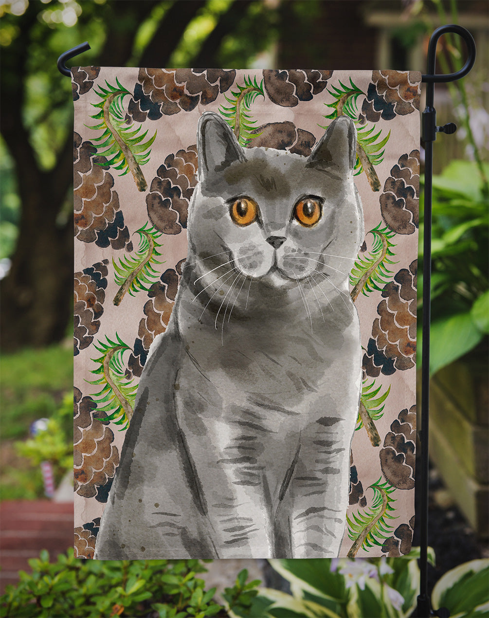 British Shorthair Pine Cones Garden Flag Mailbox Decorative Yard Banner Outside Patio Artwork for Flower Beds, Garden Size, Multicolor