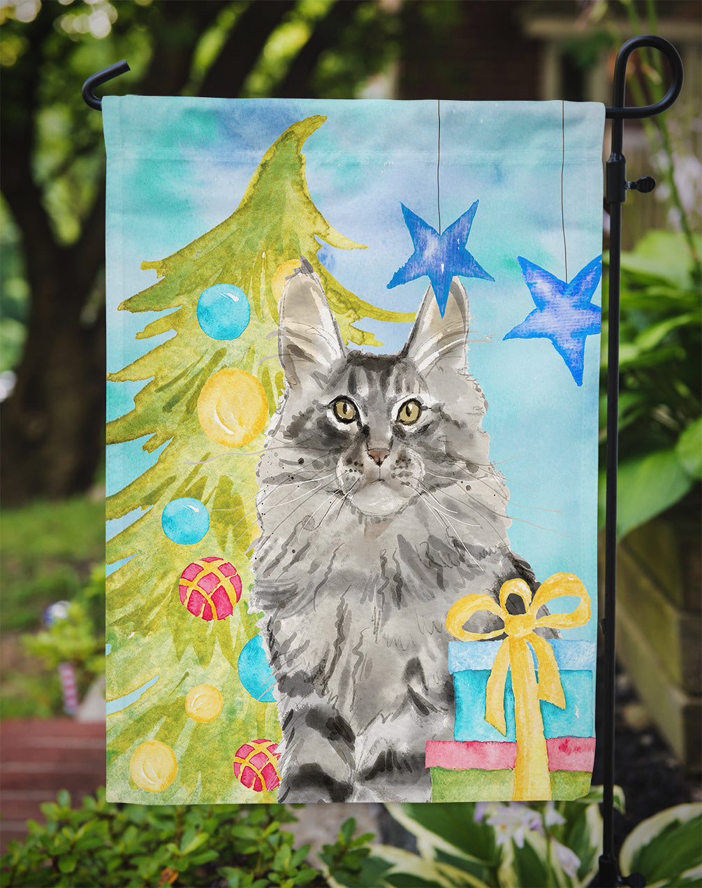 Maine Coon Christmas Presents Garden Flag Mailbox Decorative Yard Banner Outside Patio Artwork for Flower Beds, Garden Size, Multicolor