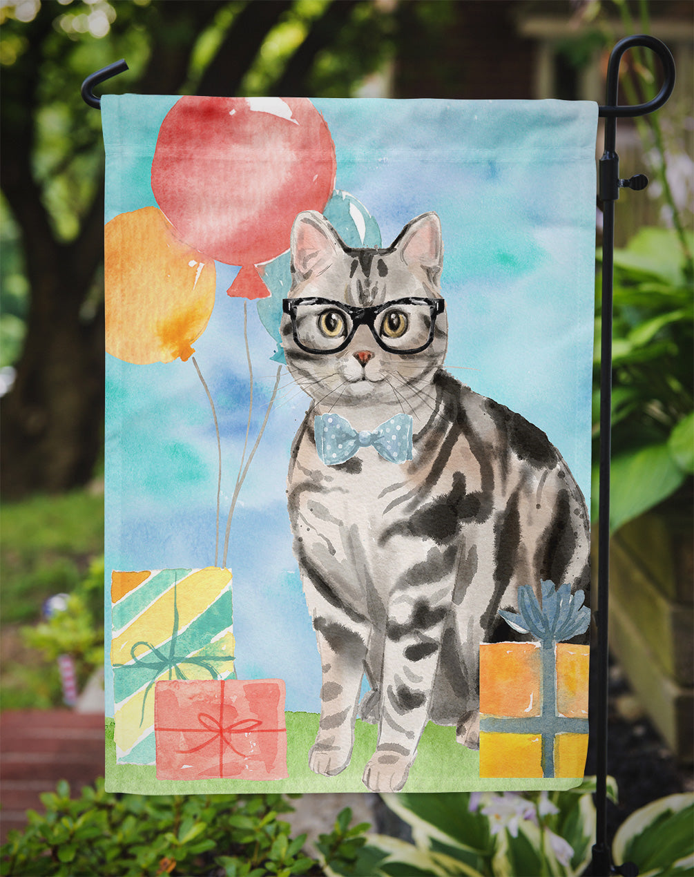 American Shorthair Happy Birthday Garden Flag Mailbox Decorative Yard Banner Outside Patio Artwork for Flower Beds, Garden Size, Multicolor