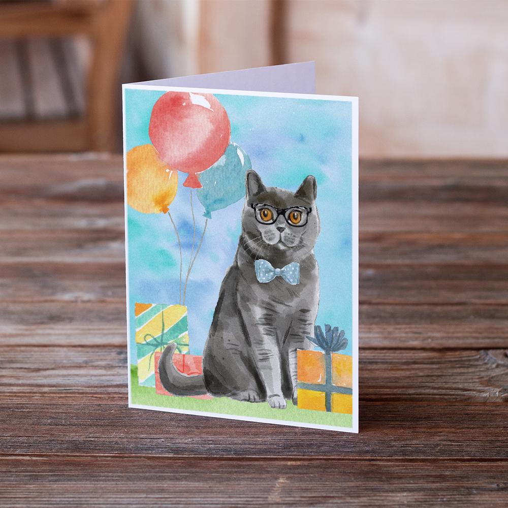 British Shorthair Happy Birthday Greeting Cards Pack of 8 Blank Cards with Envelopes Whimsical A7 Size 5x7