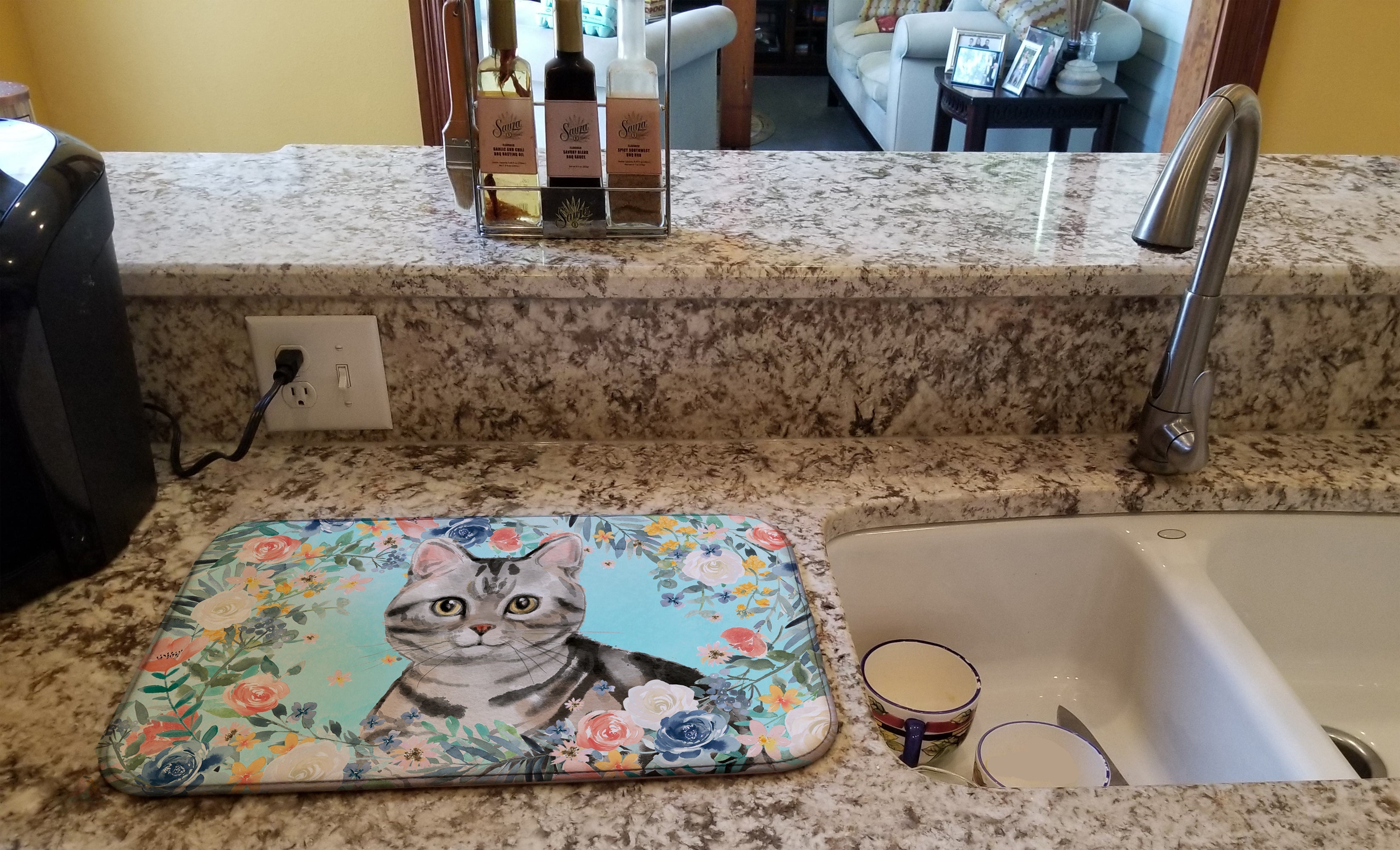 American Shorthair Spring Flowers Dish Drying Mat Absorbent Dish Drying Mat Pad for Kitchen Counter Dish Drainer Mat for Countertop, 14 x 21", Multicolor
