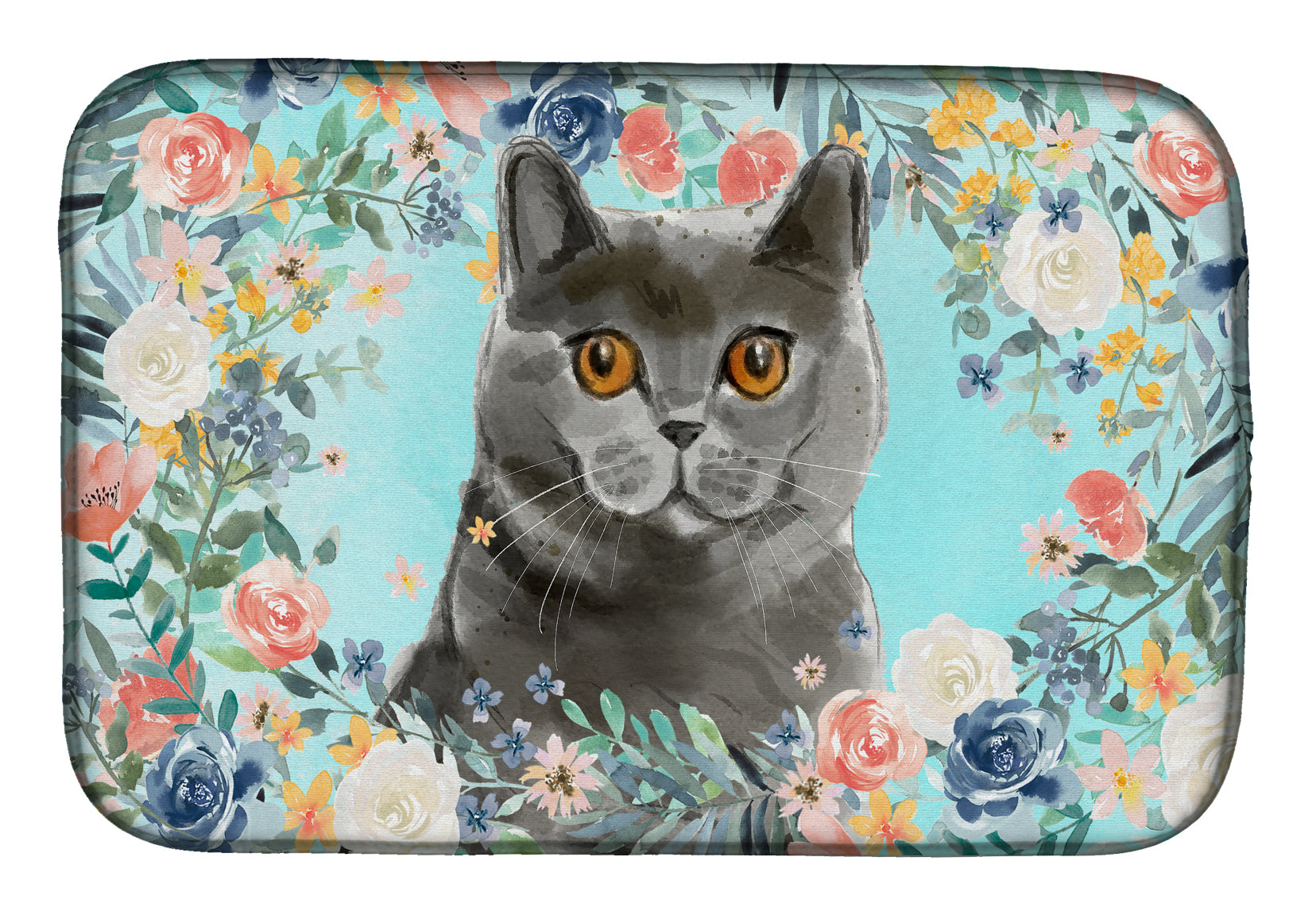 British Shorthair Spring Flowers Dish Drying Mat Absorbent Dish Drying Mat Pad for Kitchen Counter Dish Drainer Mat for Countertop, 14 x 21", Multicolor