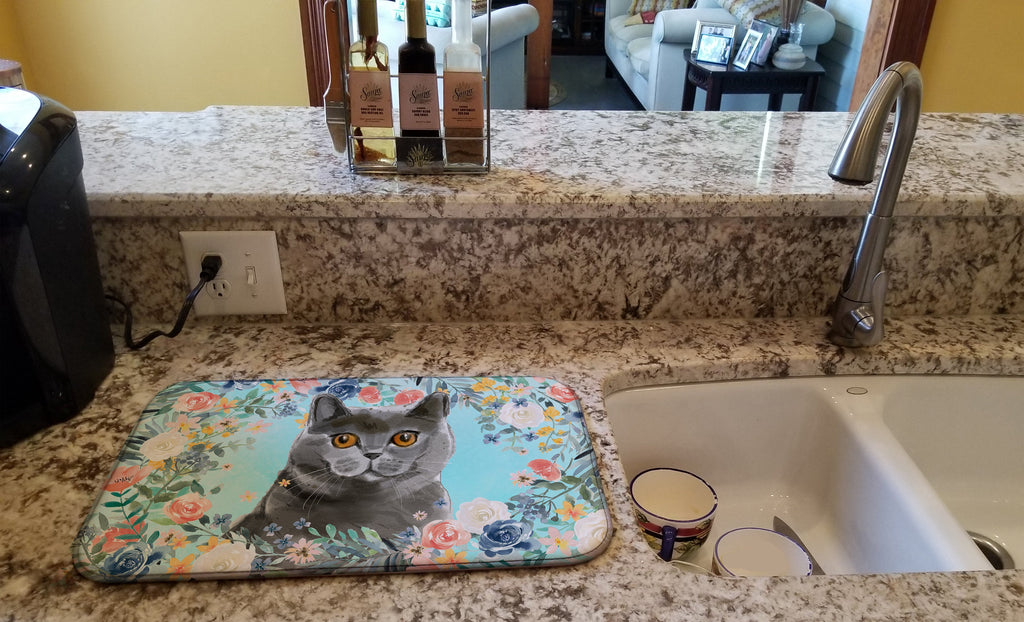 British Shorthair Spring Flowers Dish Drying Mat Absorbent Dish Drying Mat Pad for Kitchen Counter Dish Drainer Mat for Countertop, 14 x 21", Multicolor
