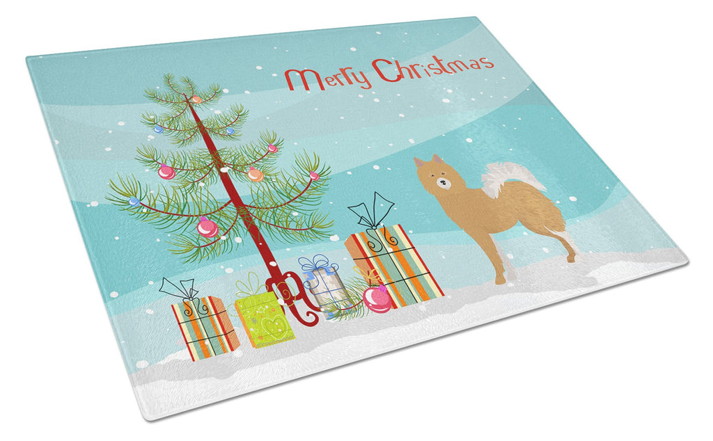Brown & White Elo dog Christmas Tree Cutting Board Tempered Glass Kitchen Cutting Surface, Heat Resistant Chopping, Non-Slip Feet, Food Prep & Serving
