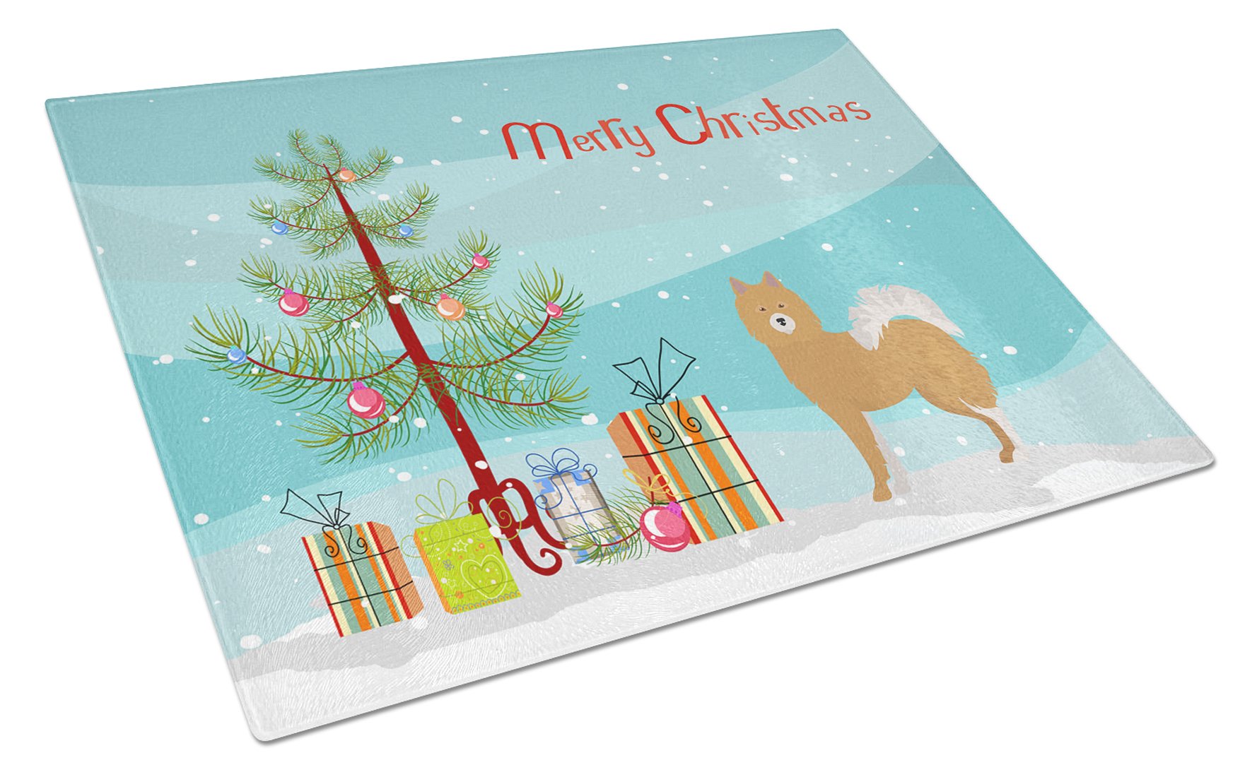 Brown & White Elo dog Christmas Tree Cutting Board Tempered Glass Kitchen Cutting Surface, Heat Resistant Chopping, Non-Slip Feet, Food Prep & Serving