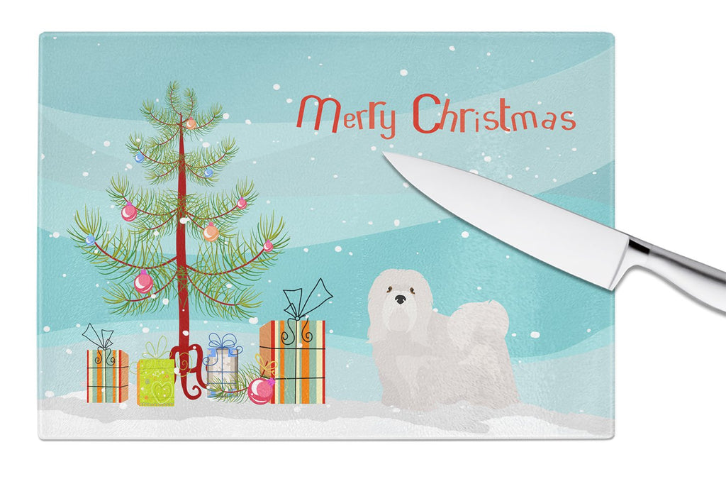 White Lhasa Apso Christmas Tree Cutting Board Tempered Glass Kitchen Cutting Surface, Heat Resistant Chopping, Non-Slip Feet, Food Prep & Serving