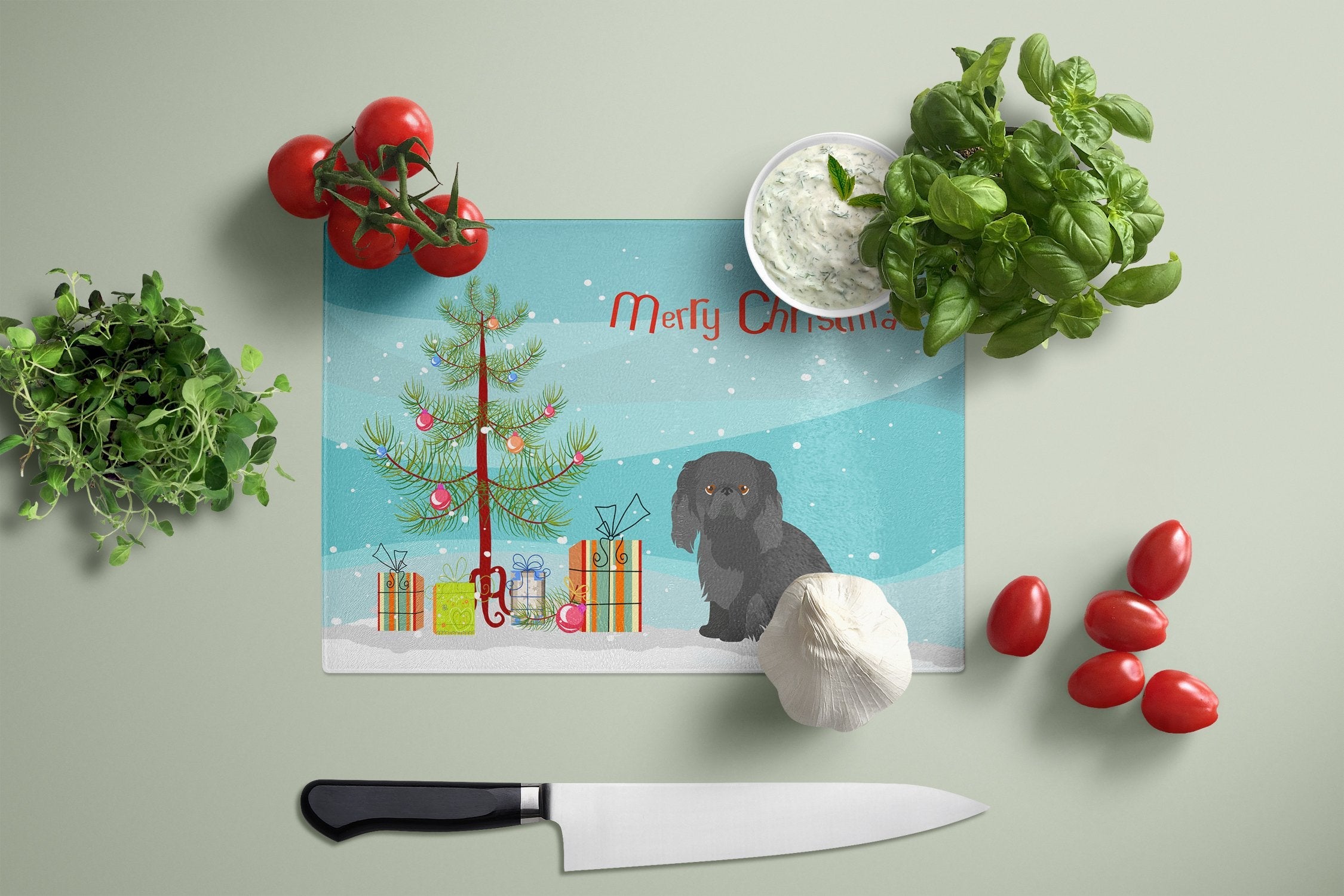 Pekingese Christmas Tree Cutting Board Tempered Glass Kitchen Cutting Surface, Heat Resistant Chopping, Non-Slip Feet, Food Prep & Serving