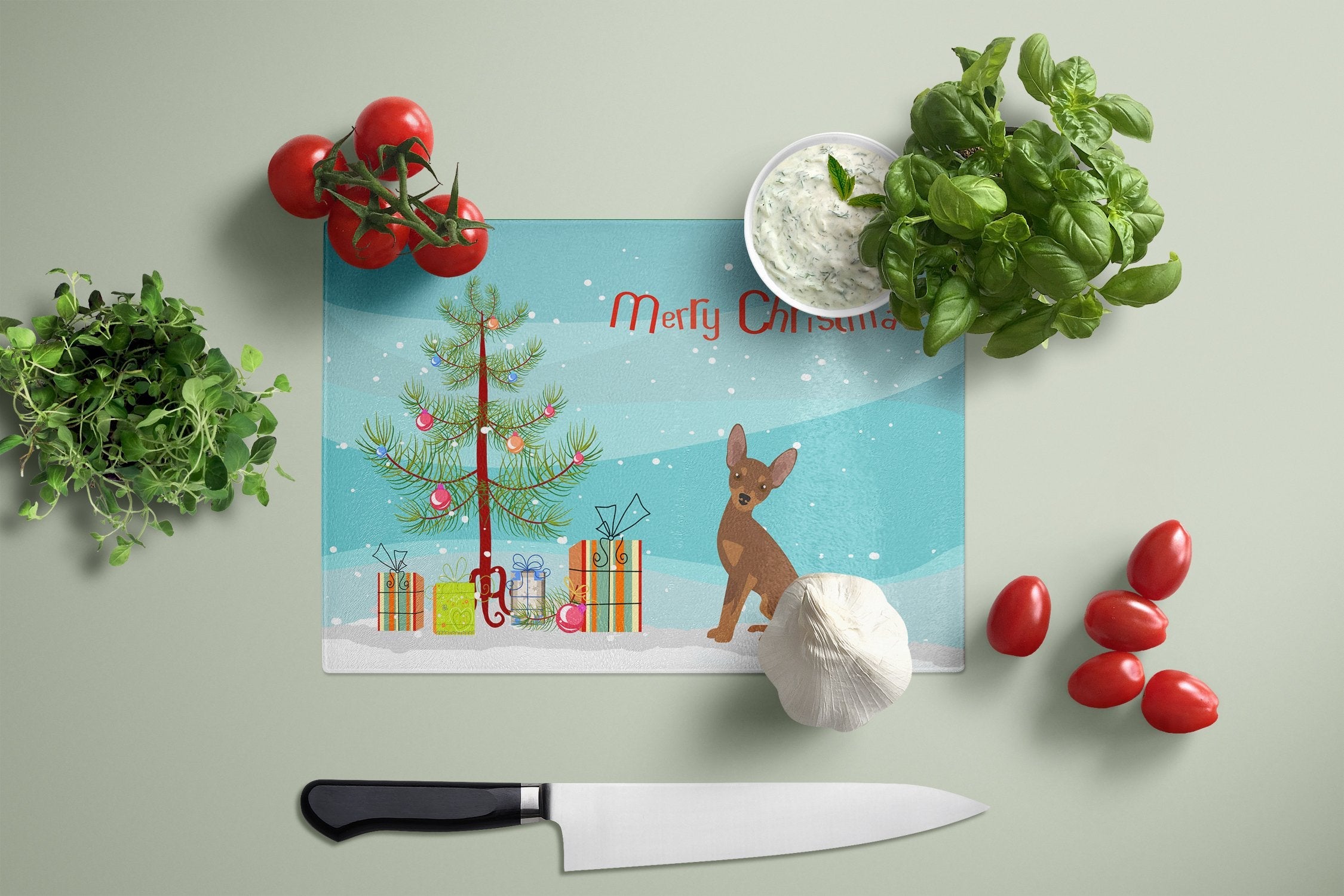 Brown Prague Ratter Christmas Tree Cutting Board Tempered Glass Kitchen Cutting Surface, Heat Resistant Chopping, Non-Slip Feet, Food Prep & Serving