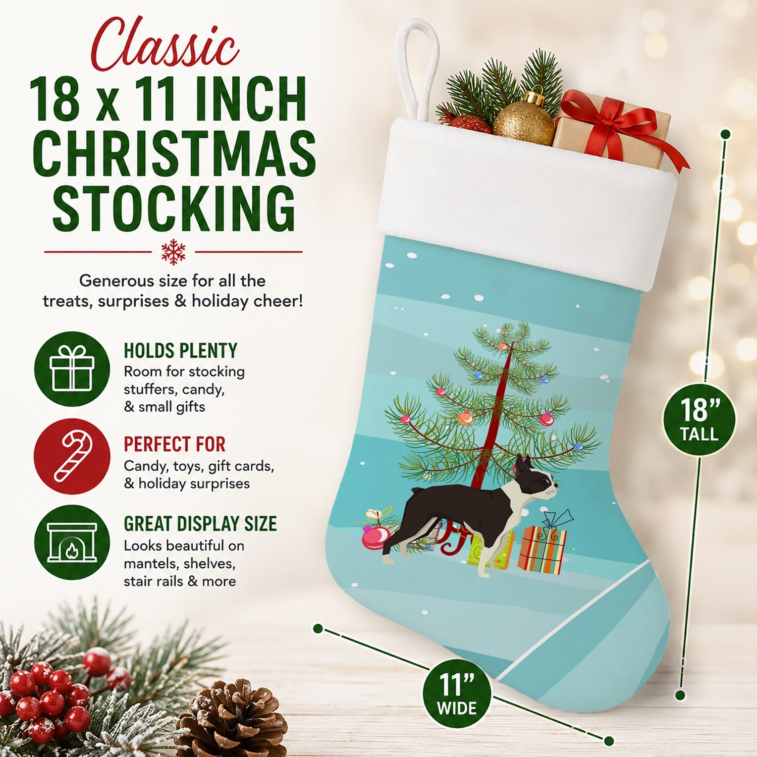 Boston Terrier Christmas Tree Holiday Stocking Double-Sided Print, Polyester Suede,11x18, Made in USA