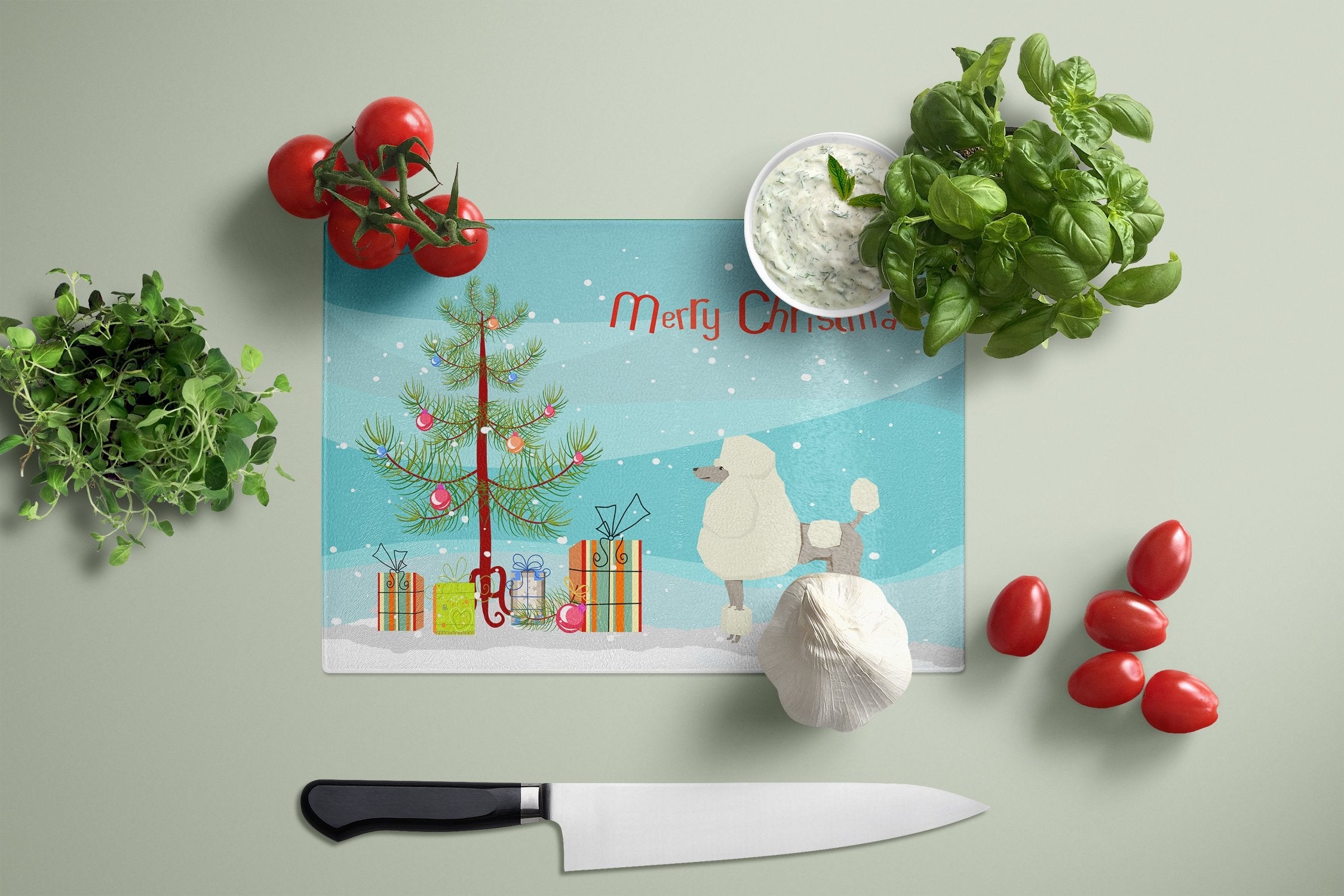 Poodle Christmas Tree Cutting Board Tempered Glass Kitchen Cutting Surface, Heat Resistant Chopping, Non-Slip Feet, Food Prep & Serving