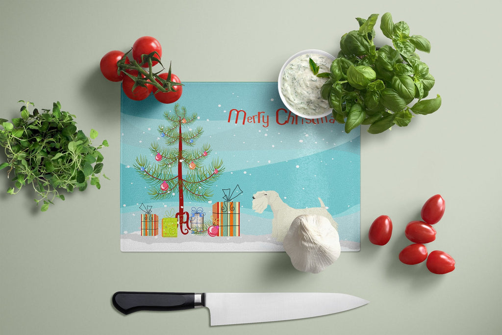 Sealyham Terrier Christmas Tree Cutting Board Tempered Glass Kitchen Cutting Surface, Heat Resistant Chopping, Non-Slip Feet, Food Prep & Serving
