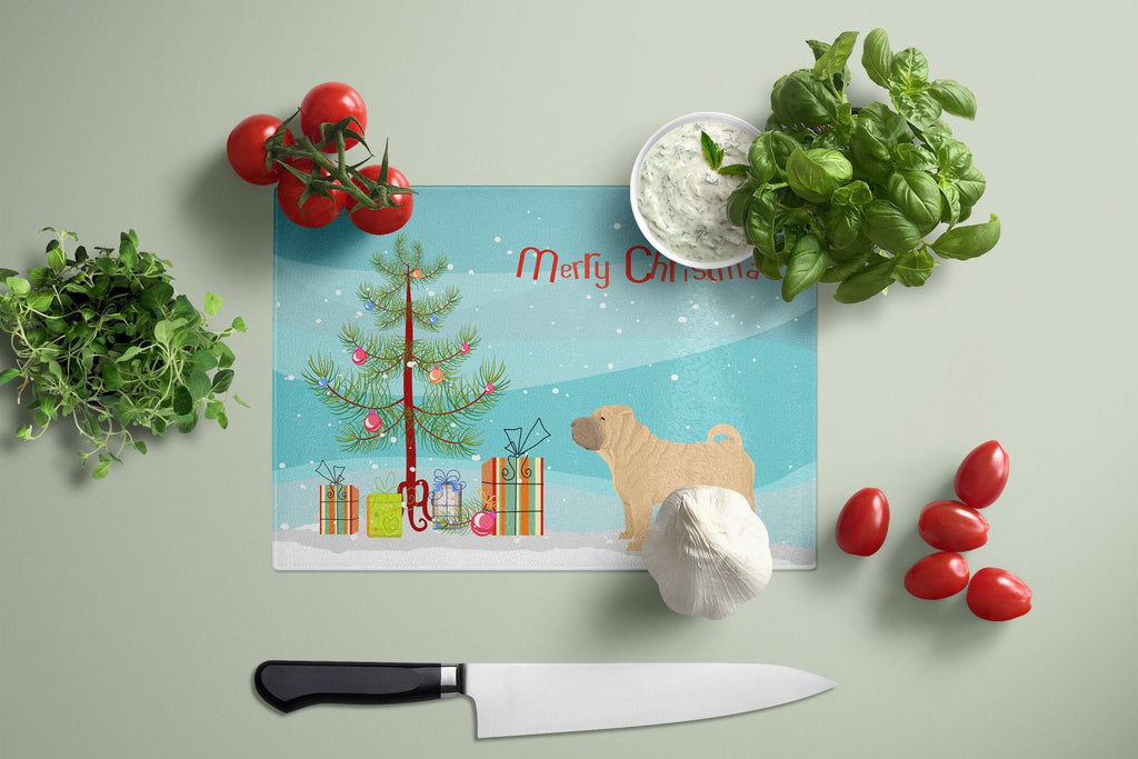 Shar Pei Christmas Tree Cutting Board Tempered Glass Kitchen Cutting Surface, Heat Resistant Chopping, Non-Slip Feet, Food Prep & Serving