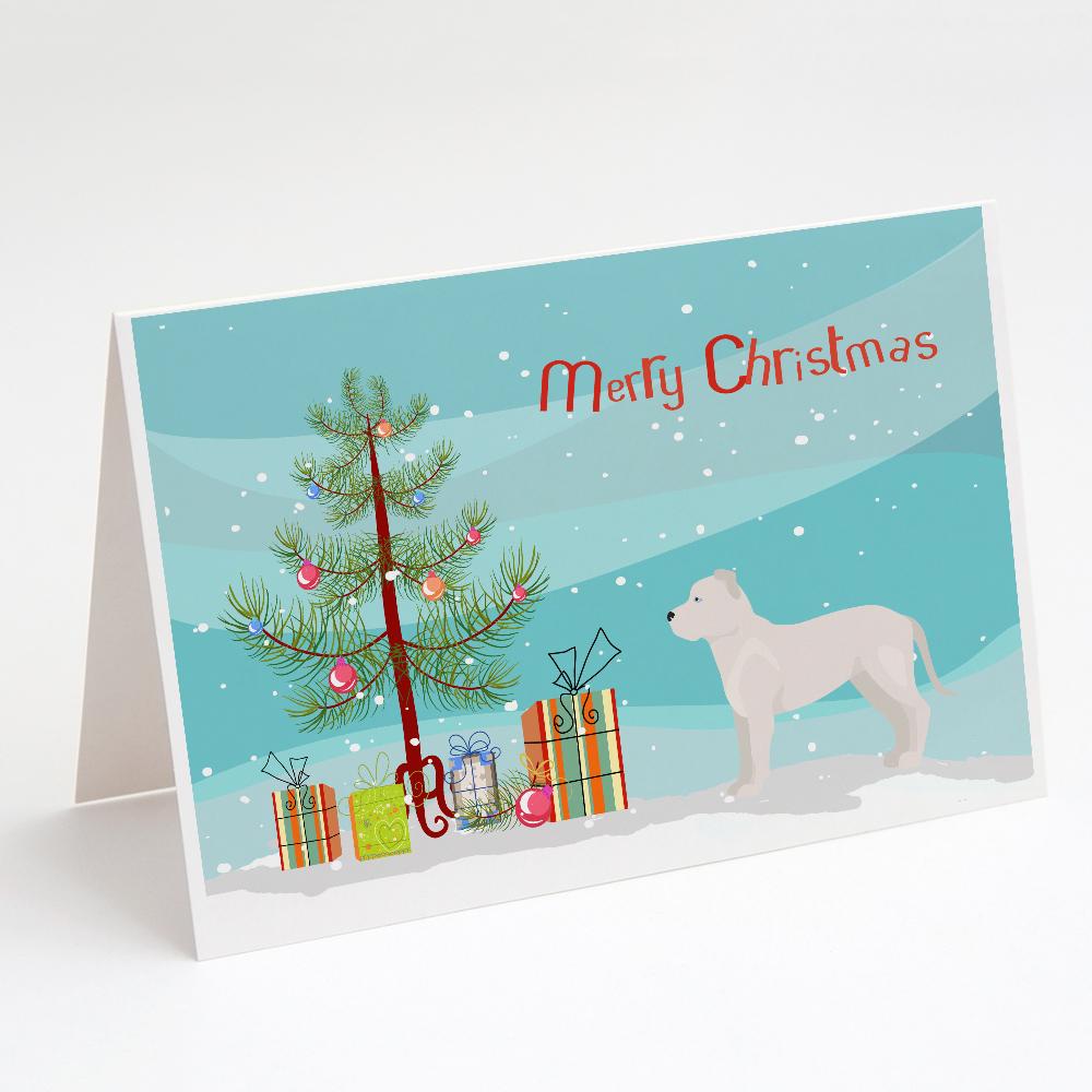White Bullboxer Christmas Tree Greeting Cards Pack of 8 Blank Cards with Envelopes Whimsical A7 Size 5x7
