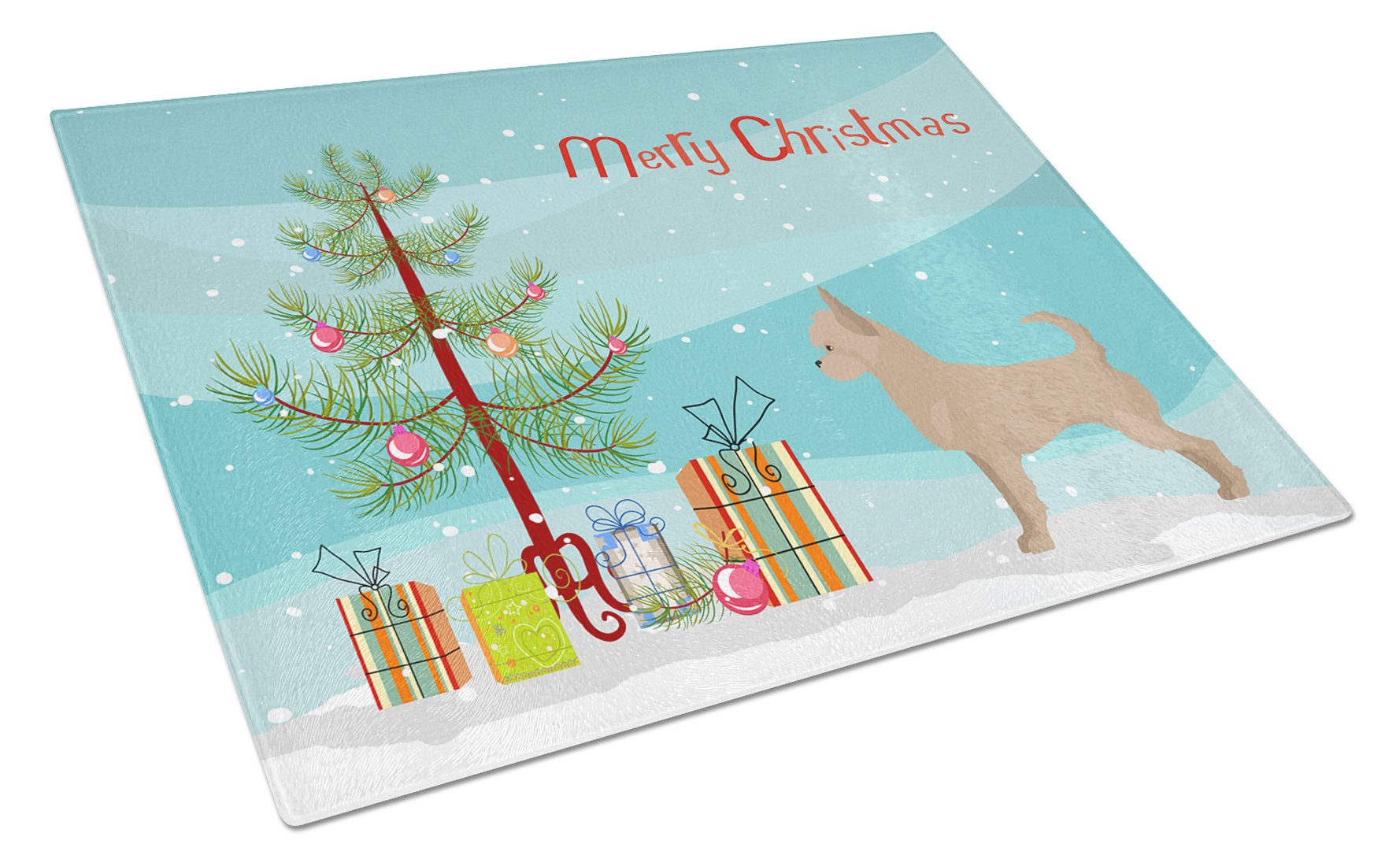 Tan Chorkie Christmas Tree Cutting Board Tempered Glass Kitchen Cutting Surface, Heat Resistant Chopping, Non-Slip Feet, Food Prep & Serving