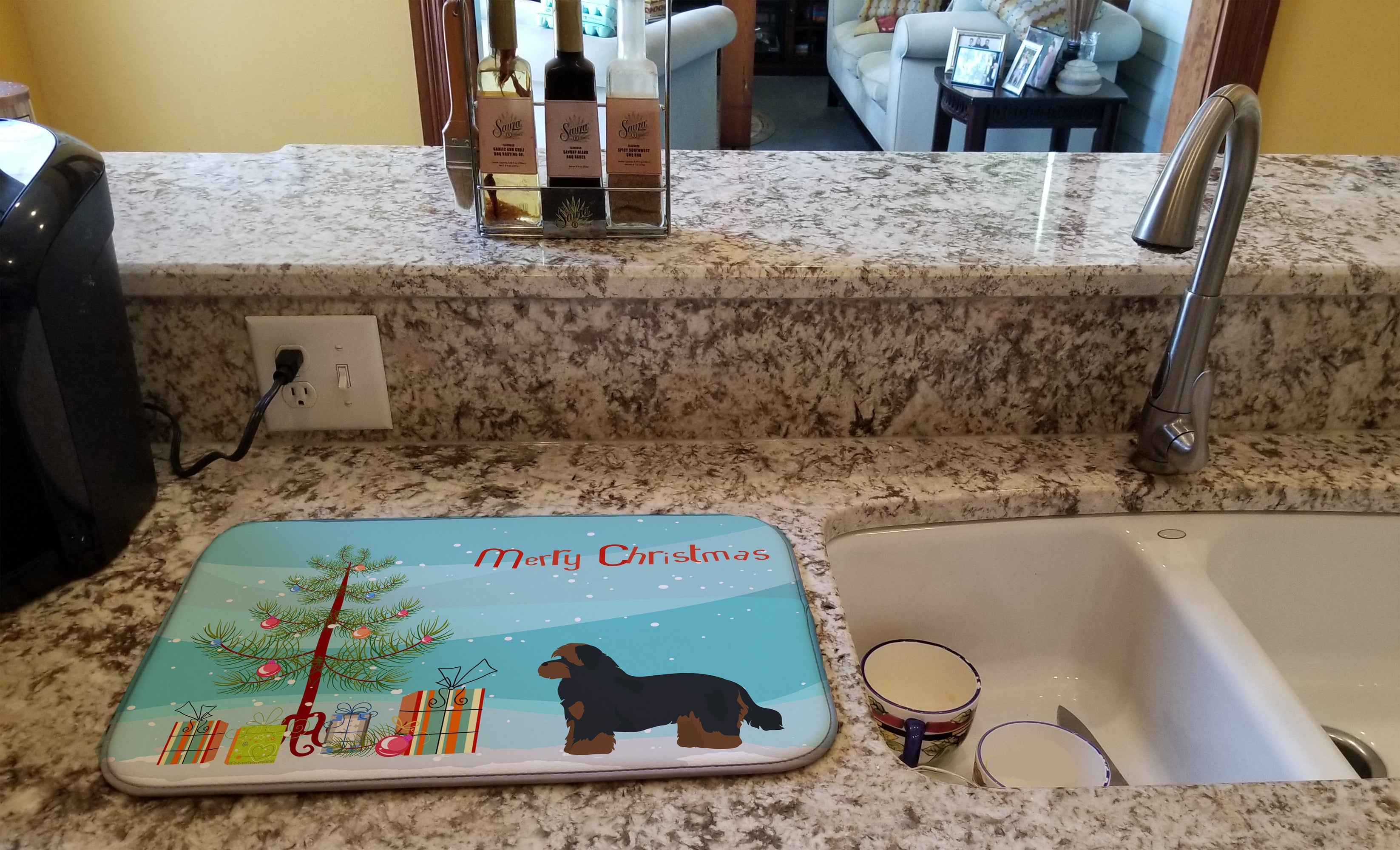 Shorkie #1 Christmas Tree Dish Drying Mat Absorbent Dish Drying Mat Pad for Kitchen Counter Dish Drainer Mat for Countertop, 14 x 21", Multicolor