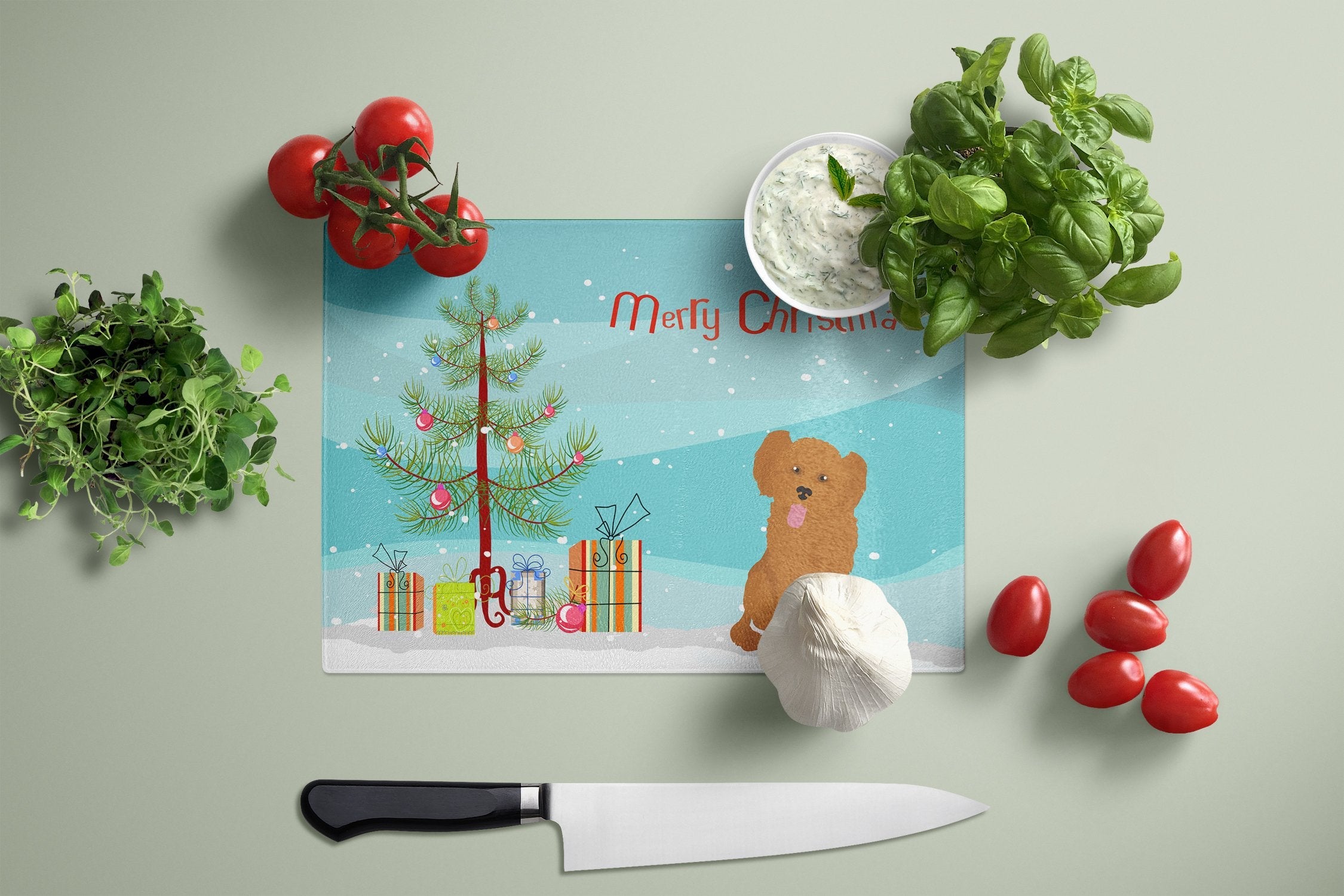 Shih Poo #3 Christmas Tree Cutting Board Tempered Glass Kitchen Cutting Surface, Heat Resistant Chopping, Non-Slip Feet, Food Prep & Serving