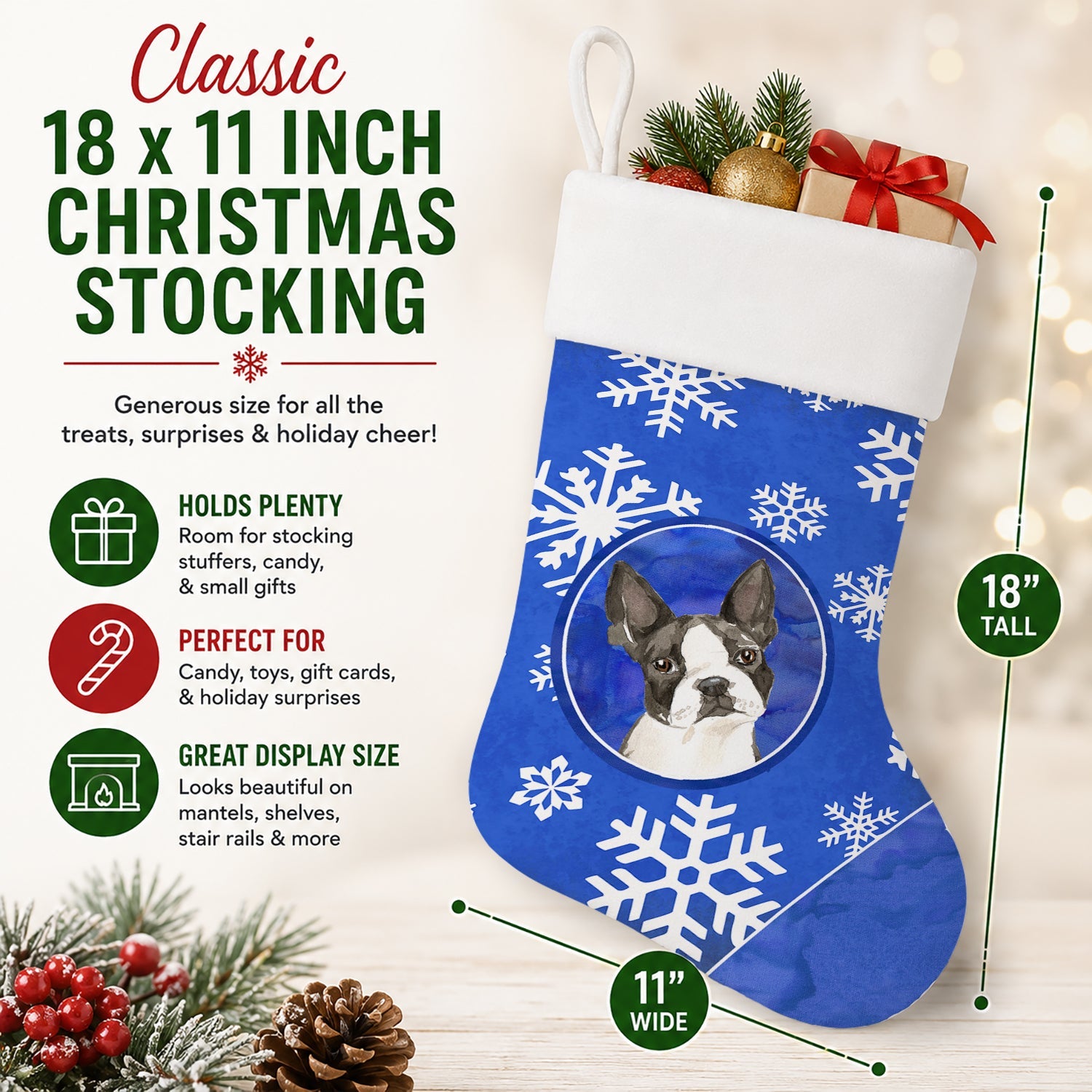 Boston Terrier Winter Snowflakes Holiday Stocking Double-Sided Print, Polyester Suede,11x18, Made in USA